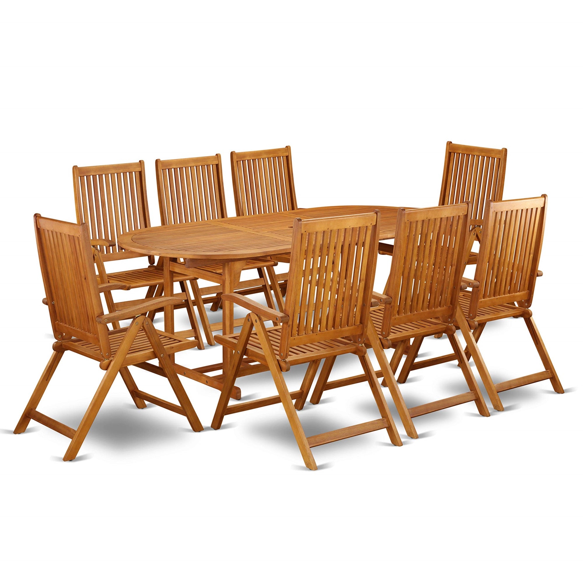 East West Furniture Bscn9Nc5N Beasley 9 Piece Patio Bistro Dining Furniture Set Includes An Oval Outdoor Acacia Wood Table And 8 Folding Adjustable Arm Chairs, 36X78 Inch, Natural Oil