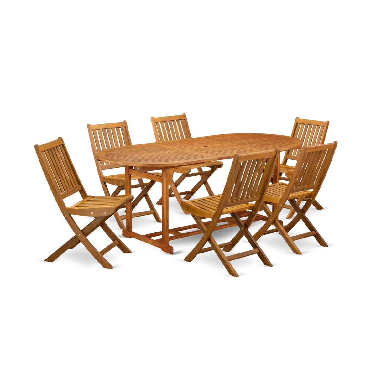 Casafoyer Bsdk7Cwna 7-Pc Set-6 Chairs Slatted Back And Outdoor Coffee Table And Round Top With Wooden Legs-Natural Oil Finish