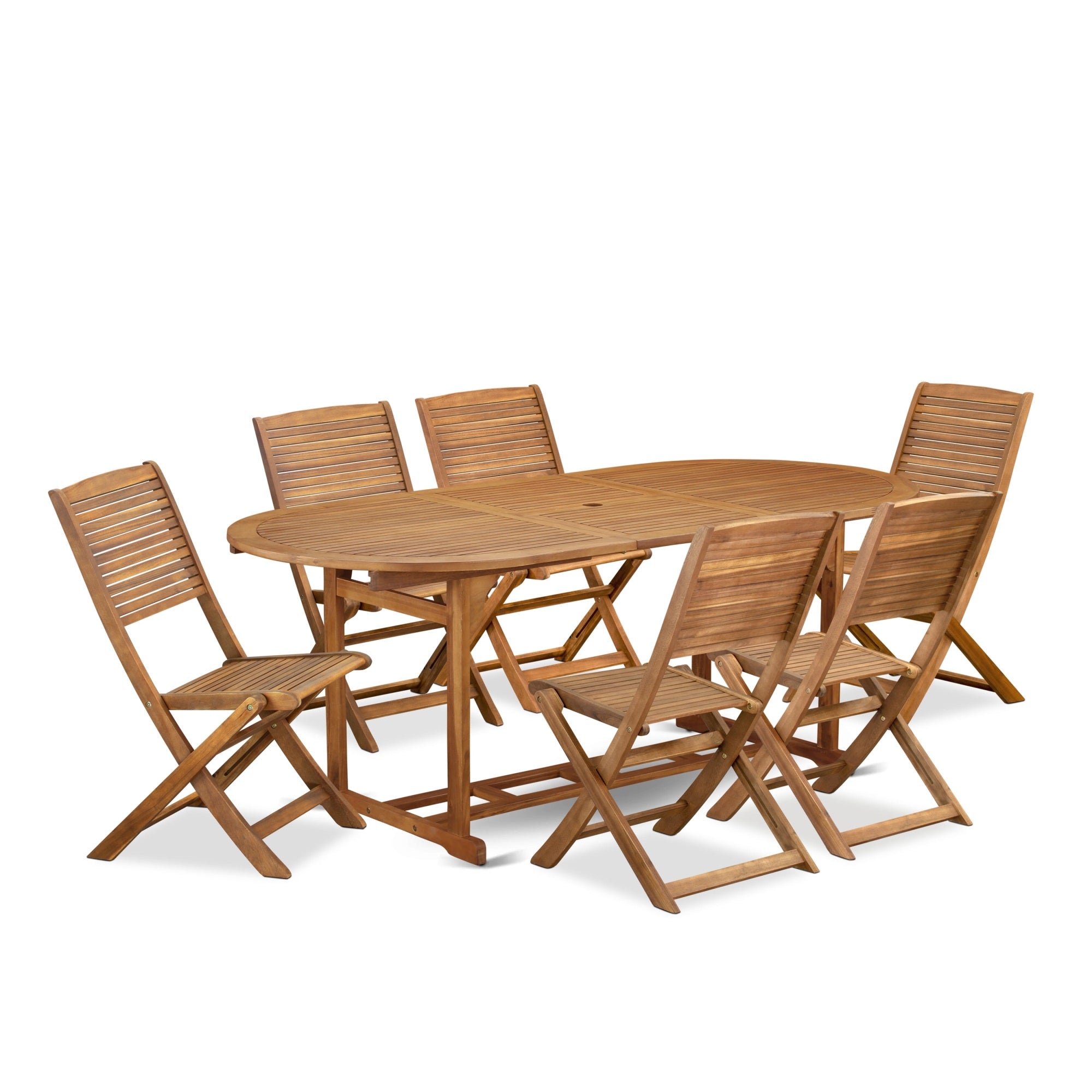 East West Furniture Bsfm7Cwna 7 Piece Outdoor Patio Dining Sets Includes An Oval Acacia Wood Table And 6 Folding Side Chairs, 36X78 Inch, Natural Oil