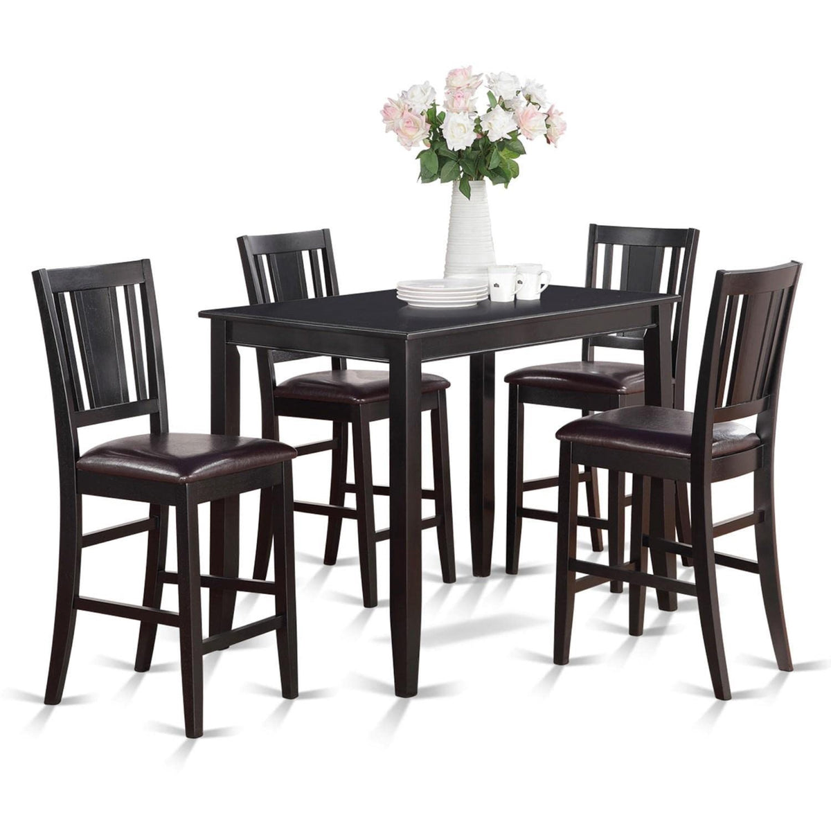 Casafoyer Buck5-Blk-Lc 5 Piece Kitchen Counter Set Includes A Rectangle Dining Table And 4 Faux Leather Dining Room Chairs, 30X48 Inch, Black