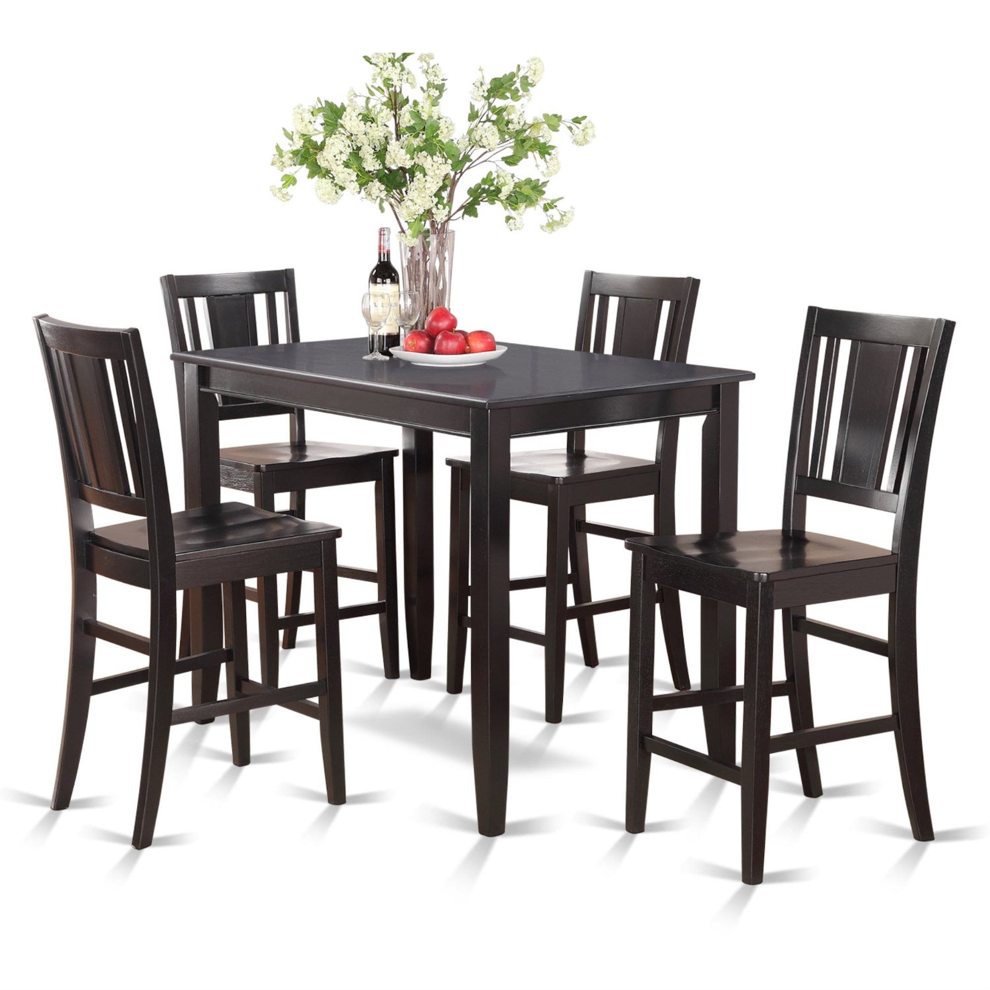 Ergode Buck5-Blk-W, 5-Piece Kitchen Table Set, Wooden Seat, Panel Back, Square Top, Easy Assembly, Asian Wood, Black