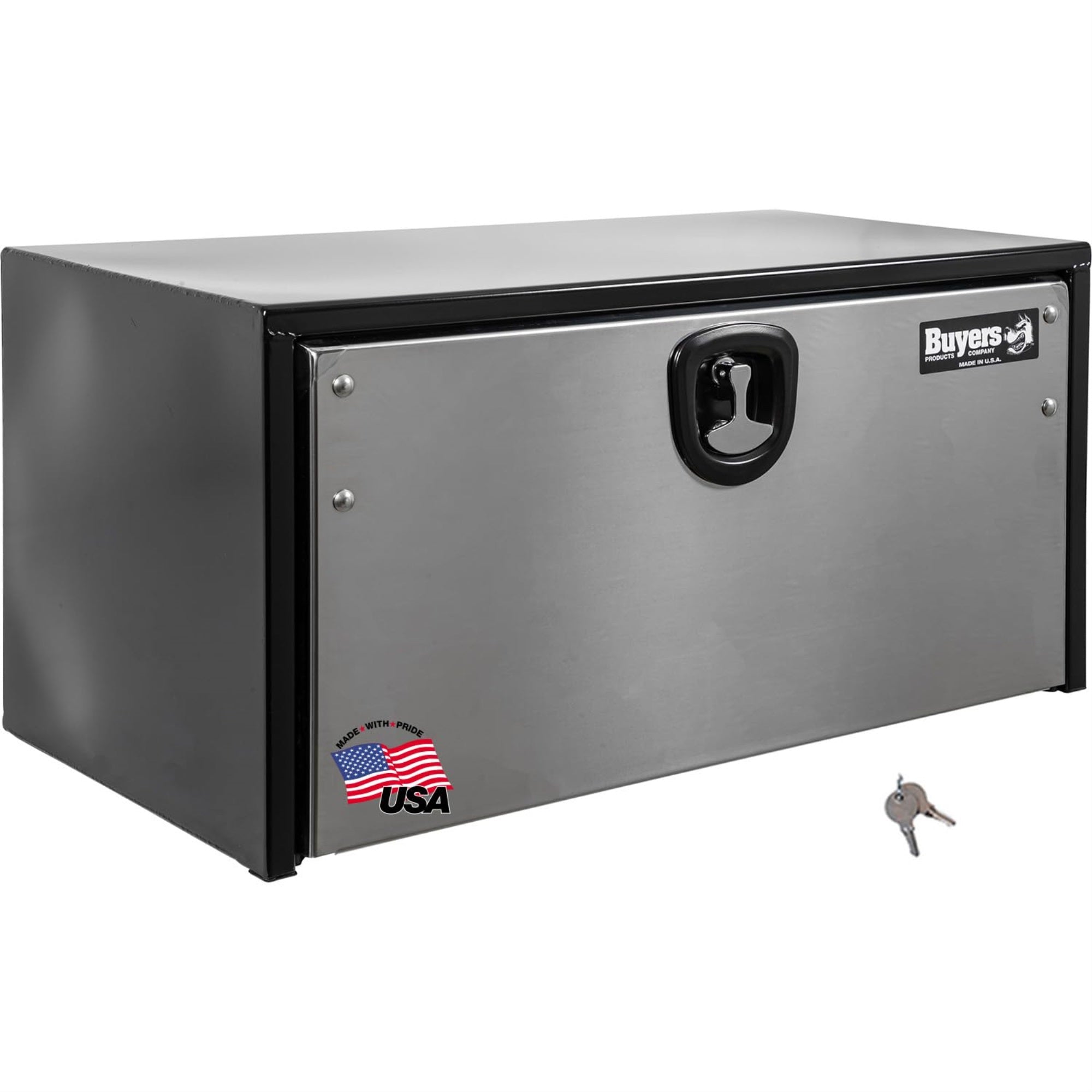 Buyers Products 1702705 Black Steel Underbody Truck Box With Silver Polished Stainless Steel Door, 18 X 18 X 36 Inch, Made In The Usa, Truck Tool Box Organizer With Storage, Job Box For Work Truck