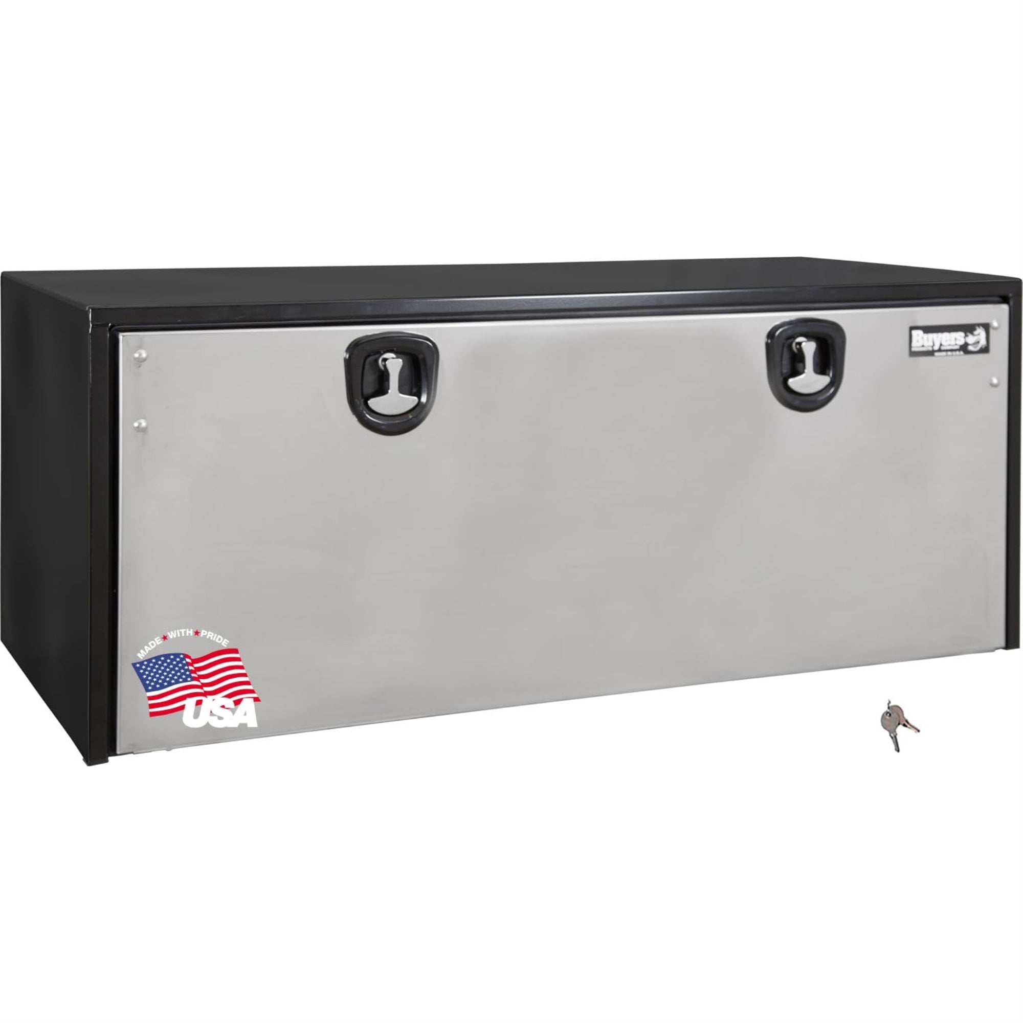 Buyers Products 1702710 Black Steel Underbody Truck Box With Silver Polished Stainless Steel Door, 18 X 18 X 48 Inch, Made In The Usa, Truck Tool Box Organizer With Storage, Job Box For Work Truck