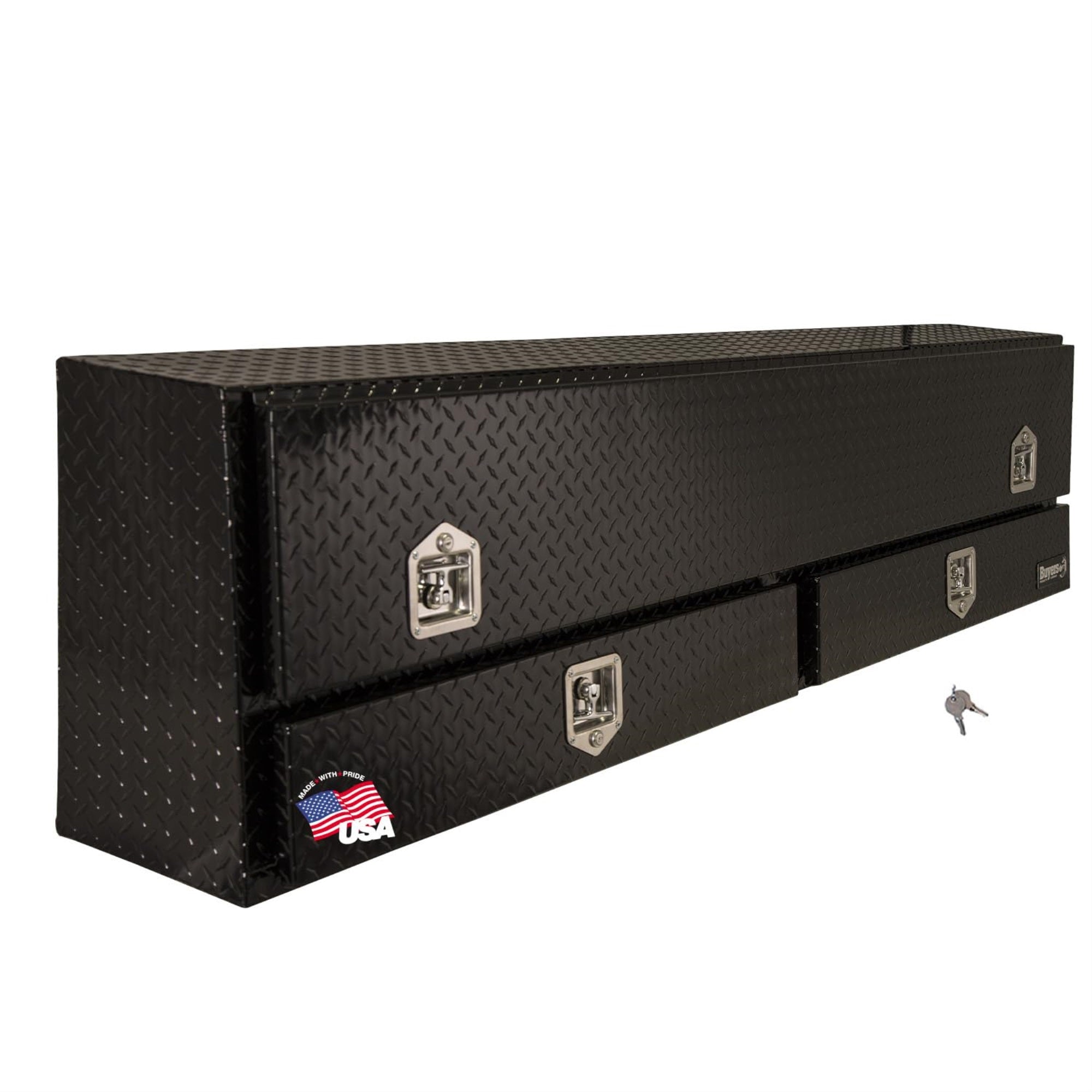 Buyers Products 1725641 Black Aluminum Diamond Tread Contractor Truck Box With Lockable T-Handle Latch And Two Lower Drawers, 72 X 21 X 13.5 Inch, Truck Tool Box For Storage And Organization