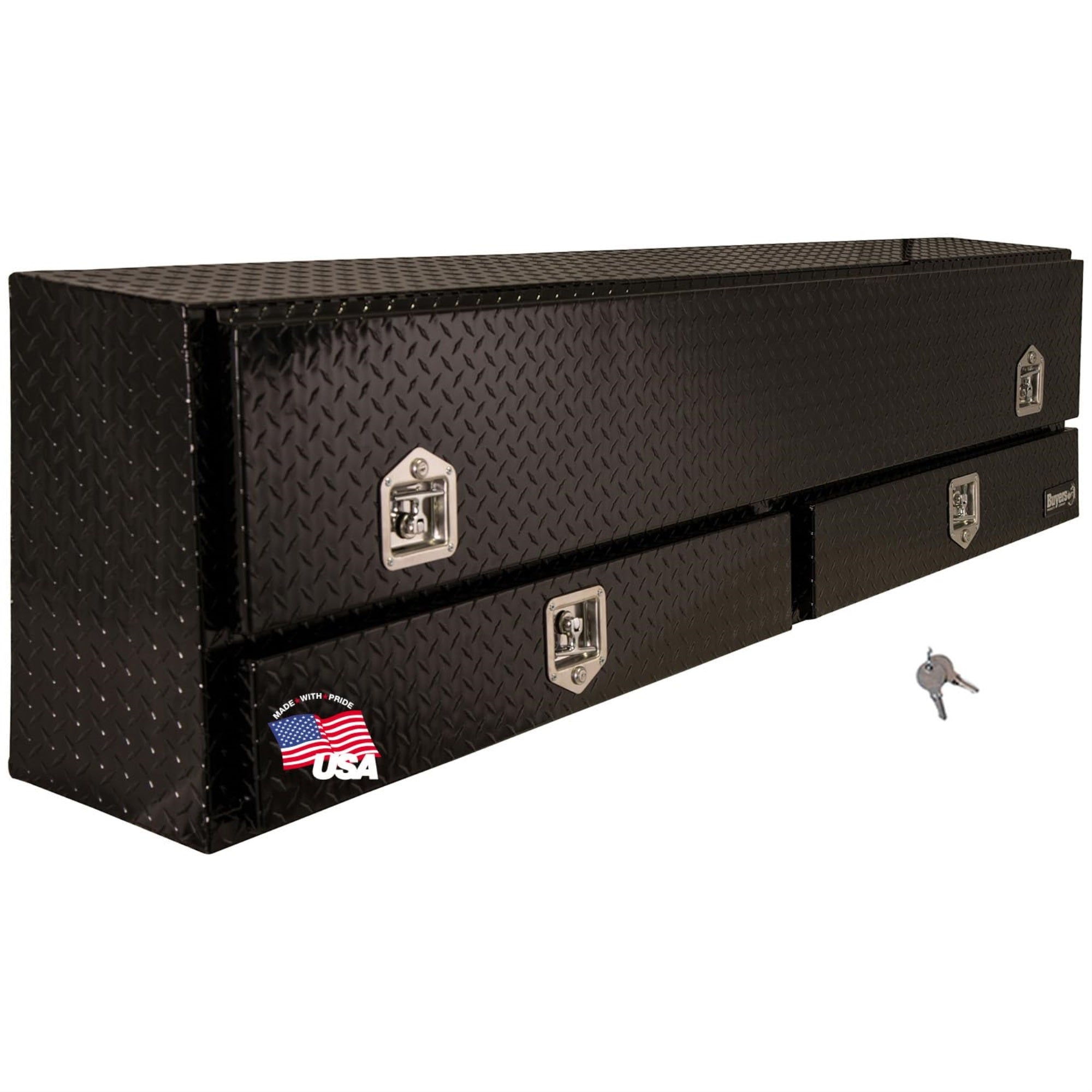 Buyers Products 1725651 Black Aluminum Diamond Tread Contractor Truck Box With Lockable T-Handle Latch And Two Lower Drawers, 88 X 21 X 13.5 Inch, Truck Tool Box For Storage And Organization