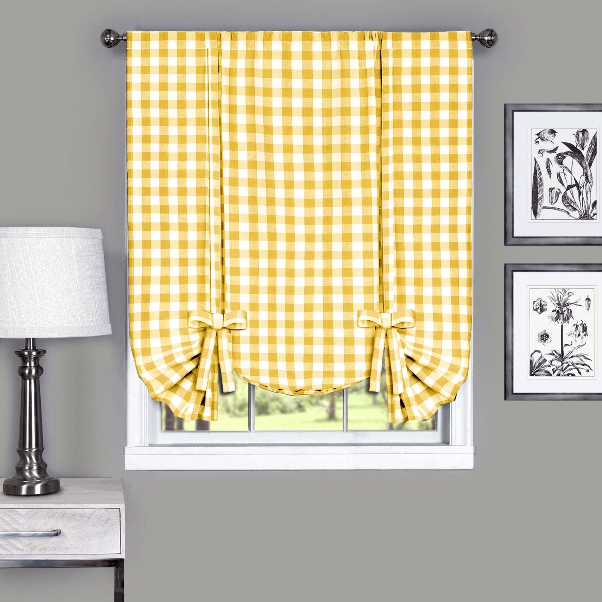 Buffalo Check Window Curtain Tie Up Shade - 42x63 - Yellow