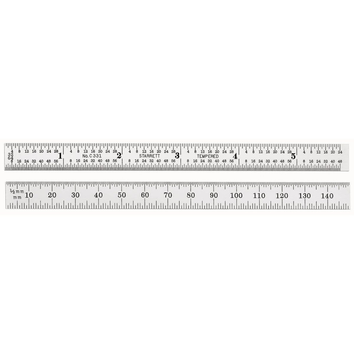 C331-150 150Mm - 5-3/4 Full-Flexible Steel Rule - Mm & Inch Graduations, 32Nds & 64Ths On One Side; Mm & 1/2Mm Rev. Edges Grad