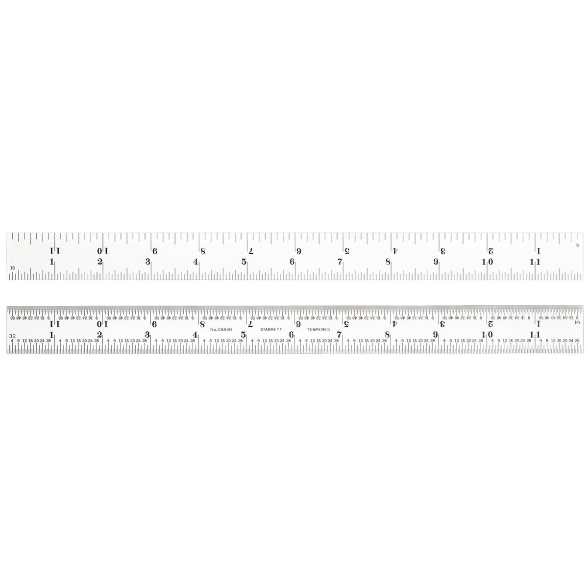 C604R-12 Spring Tempered Steel Rule With Inch Graduations, 4R Style Graduations, 12 Length, 1 Width, 3/64 Thickness
