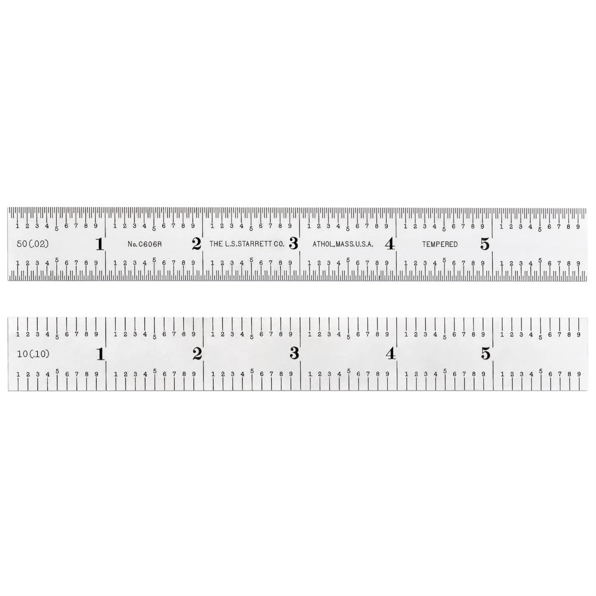 C606R-6 6' Spring-Tempered Steel Rule - Inch Graduations, Aircraft Quick-Reading 50Ths One Side & Quick-Reading 10Ths On Other