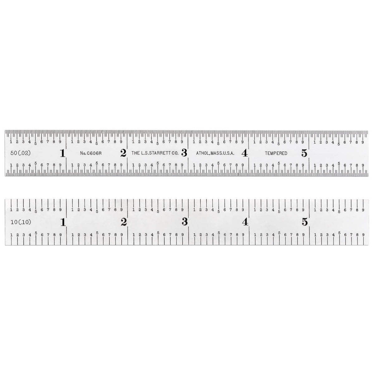 C606R-6 6' Spring-Tempered Steel Rule - Inch Graduations, Aircraft Quick-Reading 50Ths One Side & Quick-Reading 10Ths On Other