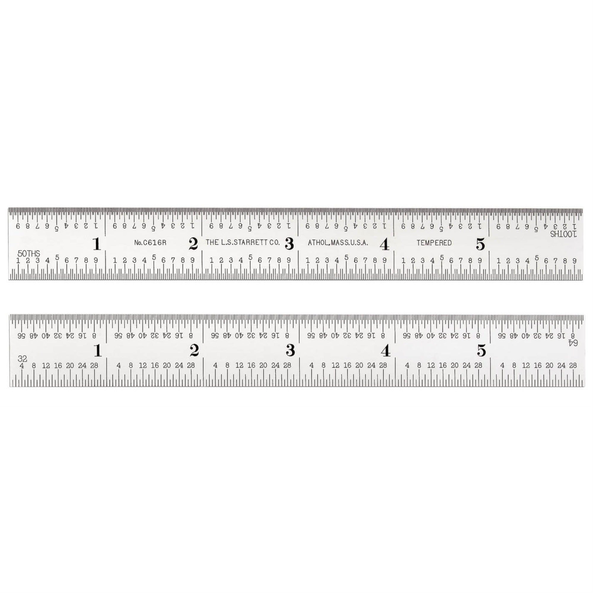 C616R-6 6' Spring-Tempered Steel Rules With Inch Graduations, Graduations At Quick-Reading 32Nds, 64Ths, Aircraft Quick-Reading 50Ths, 100Ths