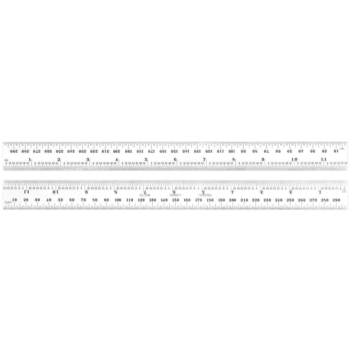 C636-300 300Mm - 11-3/4' Spring-Tempered Steel Rule With Millimeter And Inch Graduations, 32Nds And 1/2Mm On One Side; 64Ths And Mm On Reverse