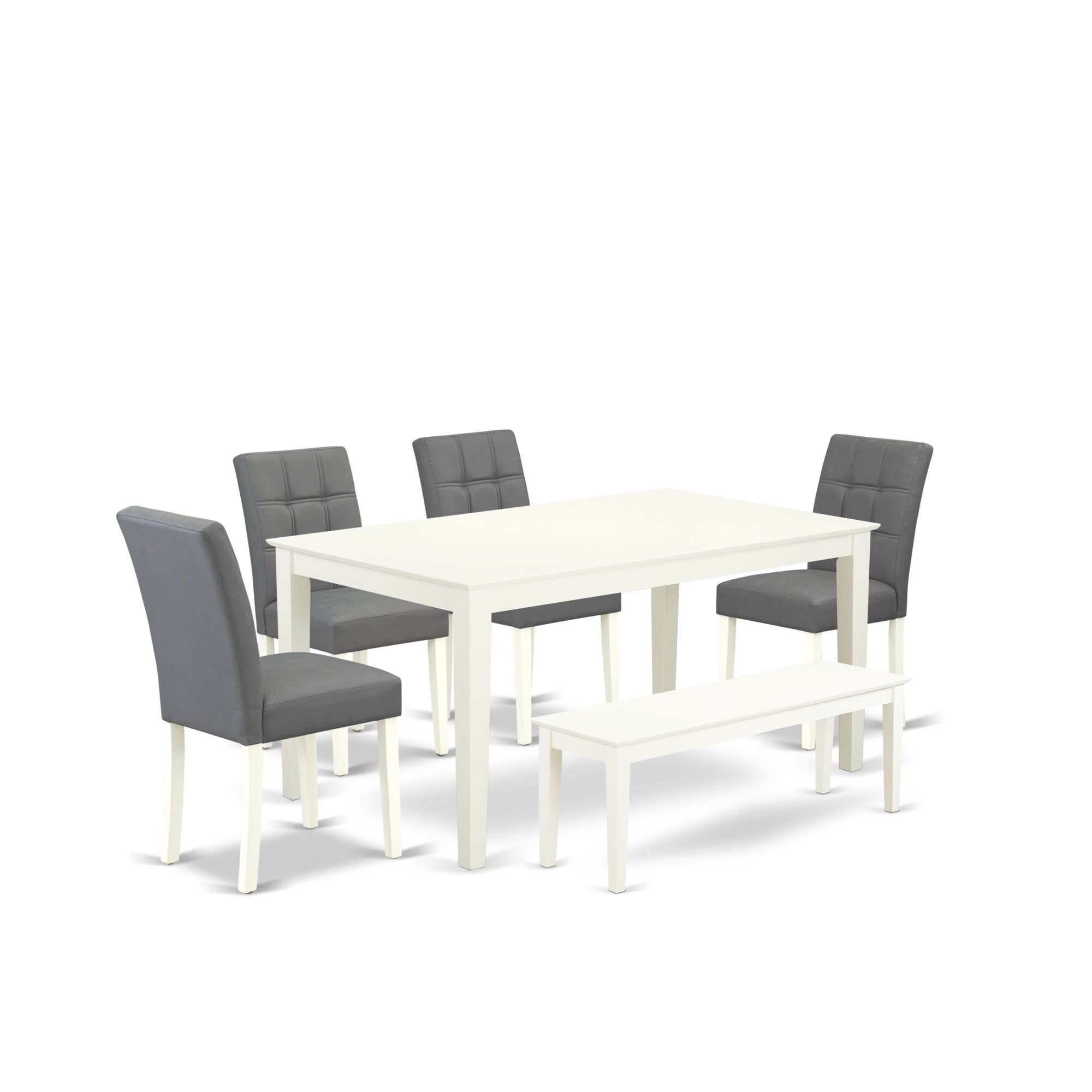 East West Furniture Caas6-Lwh-41 6 Piece Dining Table Set Contain A Modern Table A Wooden Bench And 4 Platinum Gray Faux Leather Dinner Chairs With Stylish Back- Linen White Finish