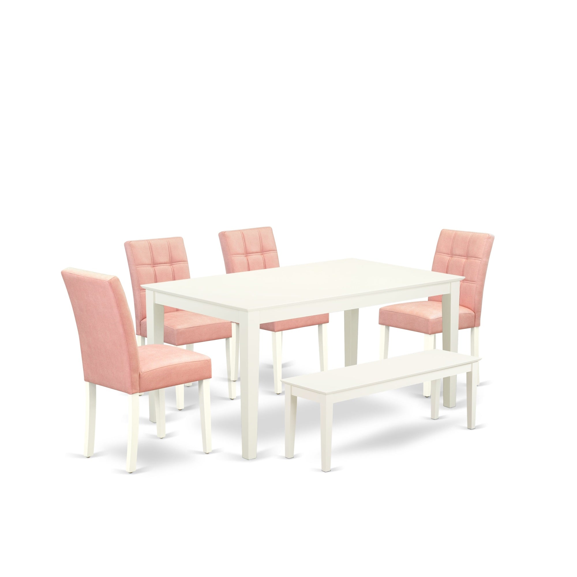 East West Furniture Caas6-Lwh-42 6 Piece Contain A Mid-Century Table Set Kitchen Table And A Wooden Bench 4 Beige Red Faux Leather Parson Kitchen Chairs With Stylish Back- Linen White Finish