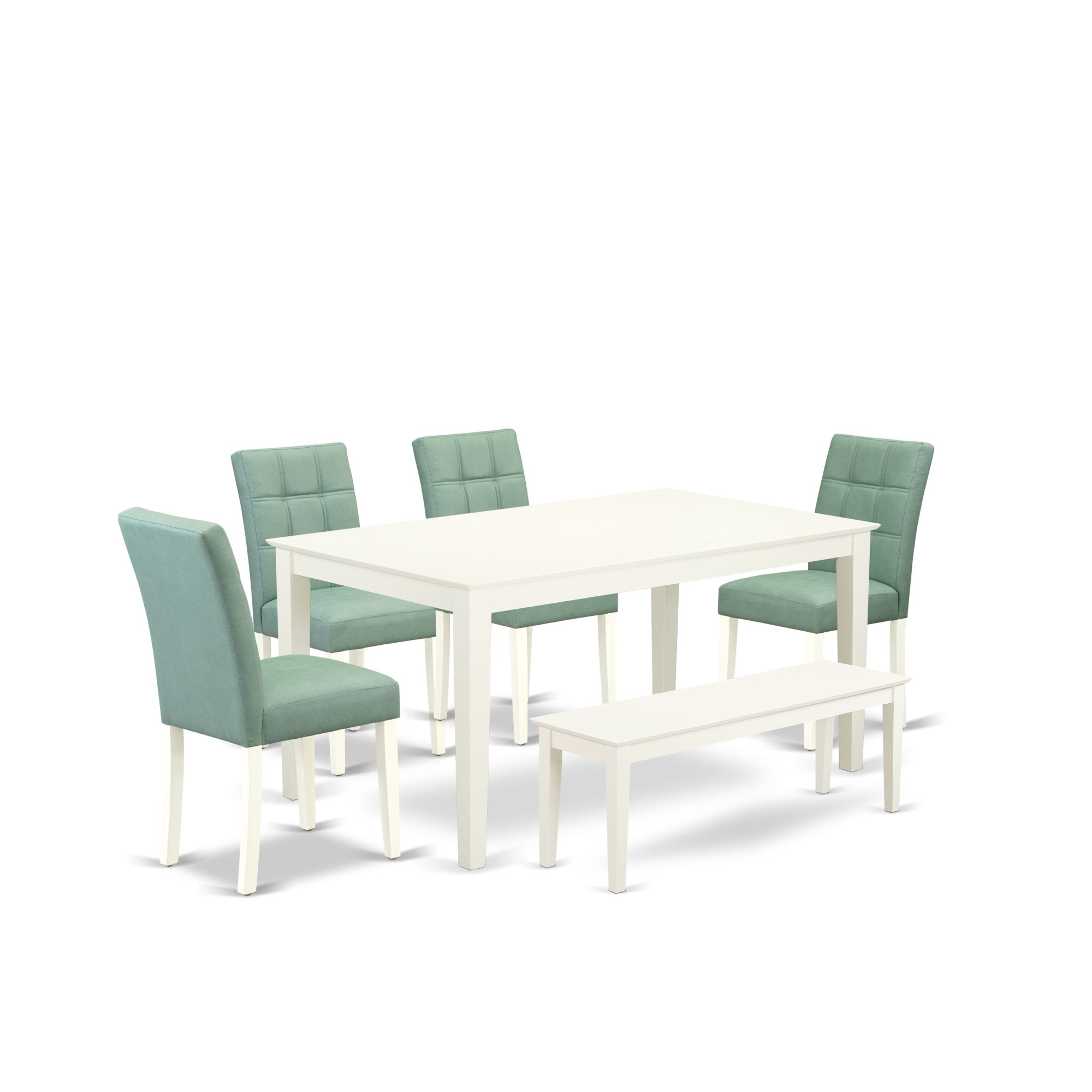 East West Furniture Caas6-Lwh-43 6 Piece Table Set Consists A Wood Table, A Bench And 4 Willow Green Faux Leather Mid-Century Modern Dining Chairs, Linen White