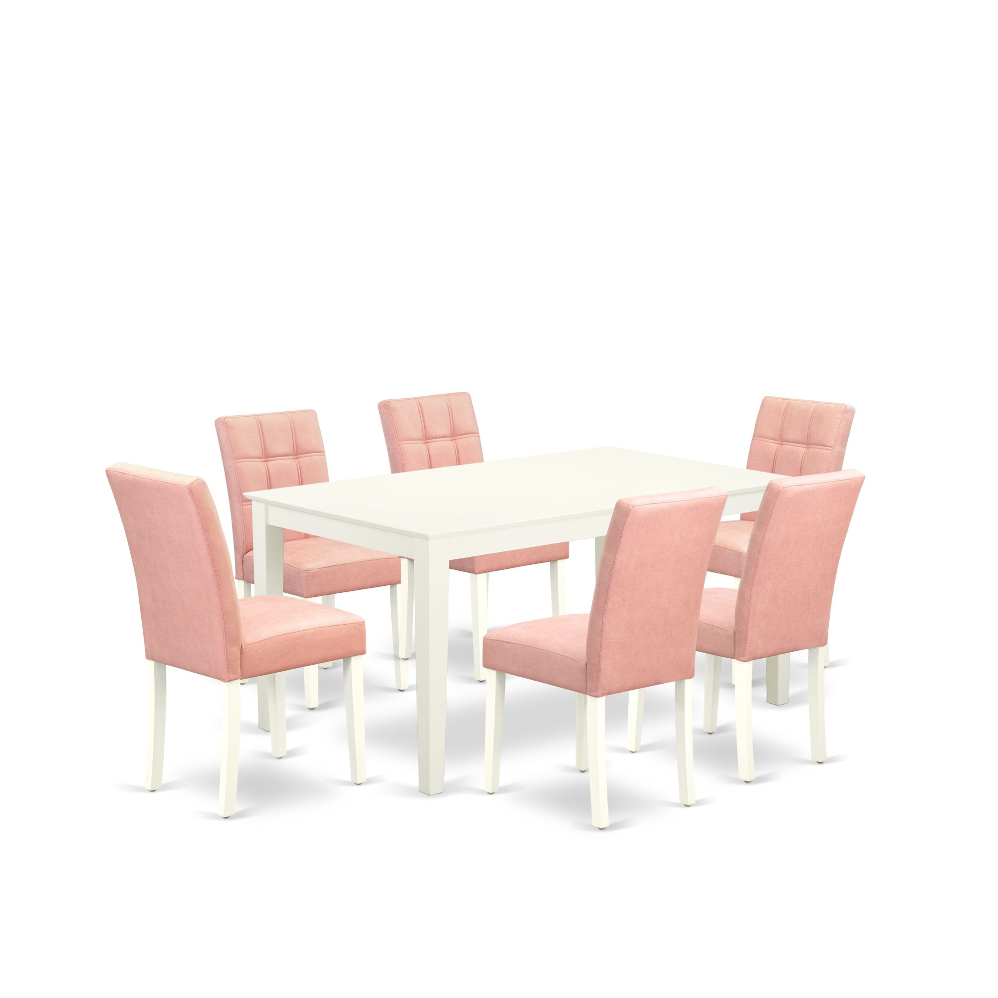 East West Furniture Caas7-Lwh-42 7 Piece Modern Dining Table Set Includes A Dinner Table And 6 Beige Red Faux Leather Wood Chairs With Stylish Back- Linen White Finish