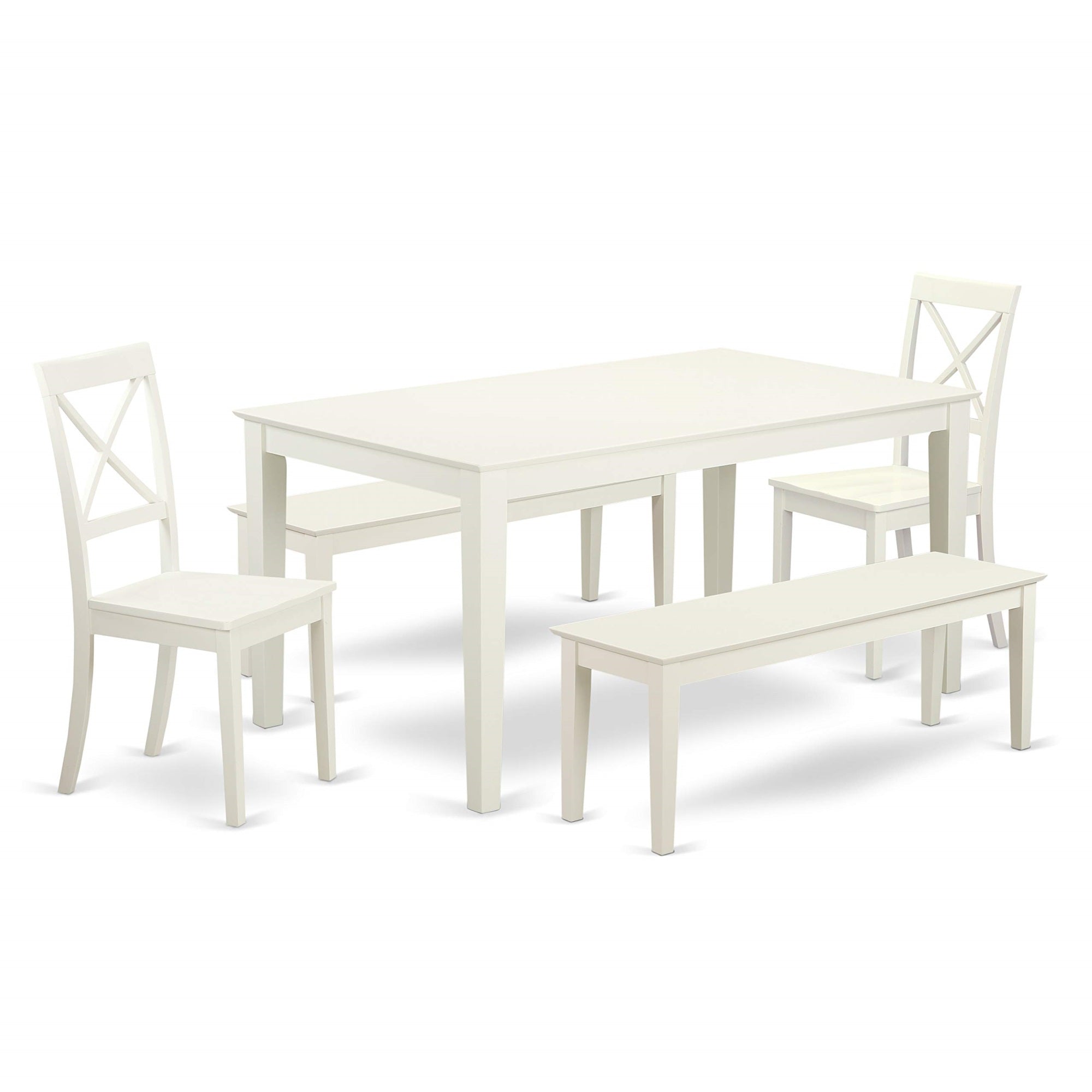 Ergode Cabo5C-Lwh-Lc, 5 Piece Kitchen Set, Dining Table, 2 Chairs, 2 Benches, Pu Leather Seats, Wooden X-Backs, Linen White Top, Hardwood Legs, Asian Rubber Wood, 60X36X30 Table, 21X18X38 Chairs, 51X15X18 Benches