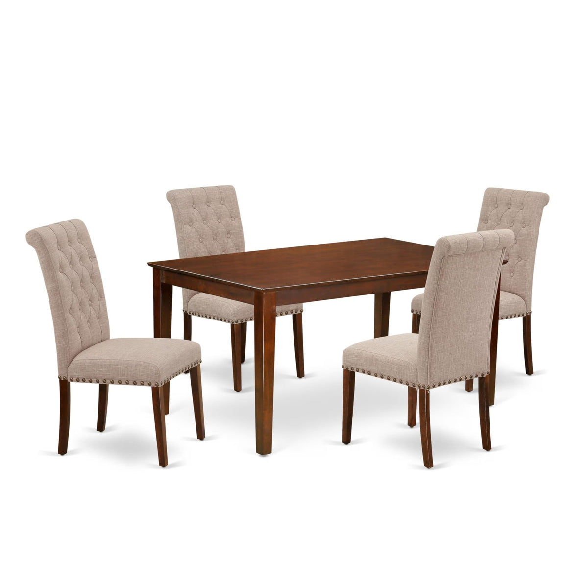 Casafoyer Cabr5-Mah-04 Kitchen Table Set - 4 Parson Chairs With Light Fawn Linen Fabric Seat And Button Tufted Back - A Rectangular Dining Table (Mahogany Finish)
