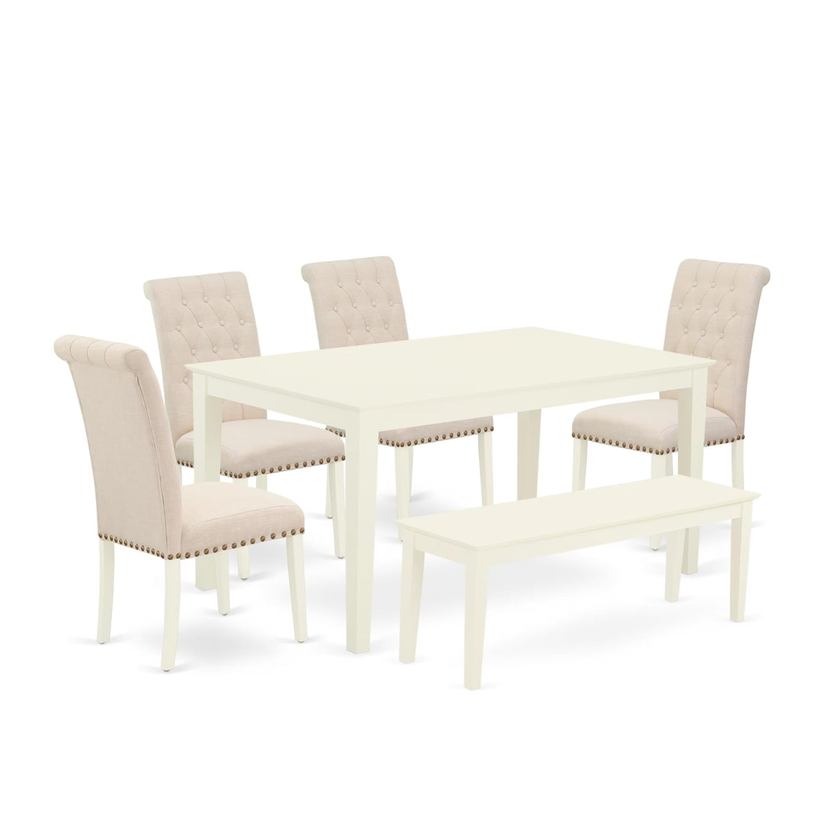 Casafoyer East-West Furniture Cabr6-Lwh-02 Dining Set - 4 Parson Chairs With Light Beige Linen Fabric Seat And Button Tufted Back - A Dining Table And A Wooden Bench With Rectangular Top (Linen White Finish)