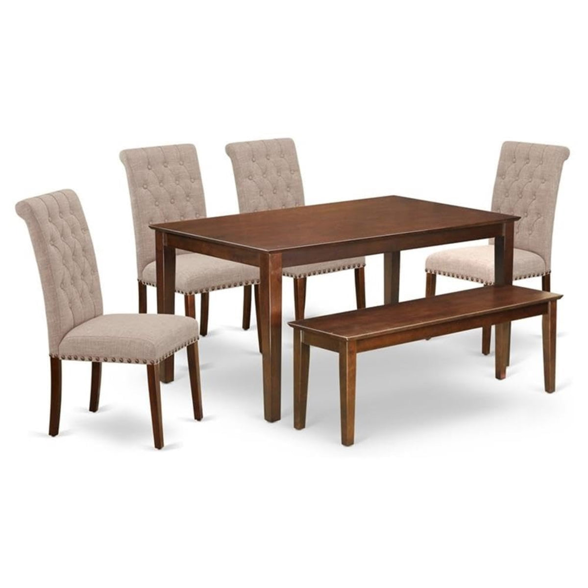 Casafoyer East-West Furniture Cabr6-Mah-04 Kitchen Set - 4 Parson Chairs With Light Fawn Linen Fabric Seat And Button Tufted Back - A Dining Table And Modern Dining Bench With Rectangular Top (Mahogany Finish)