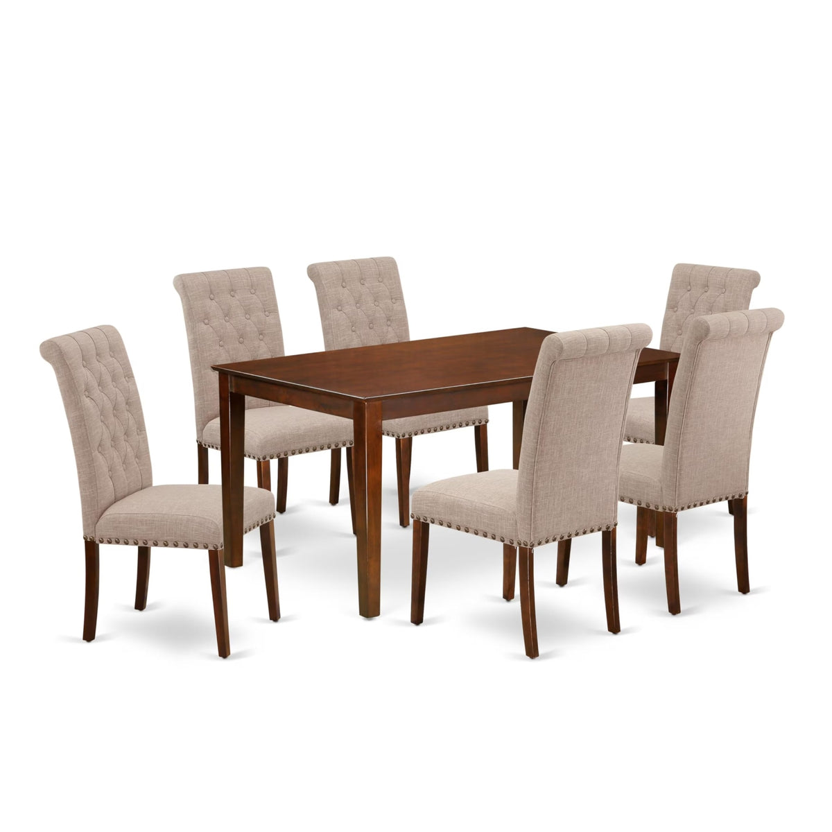 Casafoyer Cabr7-Mah-04 Wood Dinette Set - 6 Dining Room Chairs With Light Fawn Linen Fabric Seat And Button Tufted Back - A Rectangular Dining Room Table (Mahogany Finish)