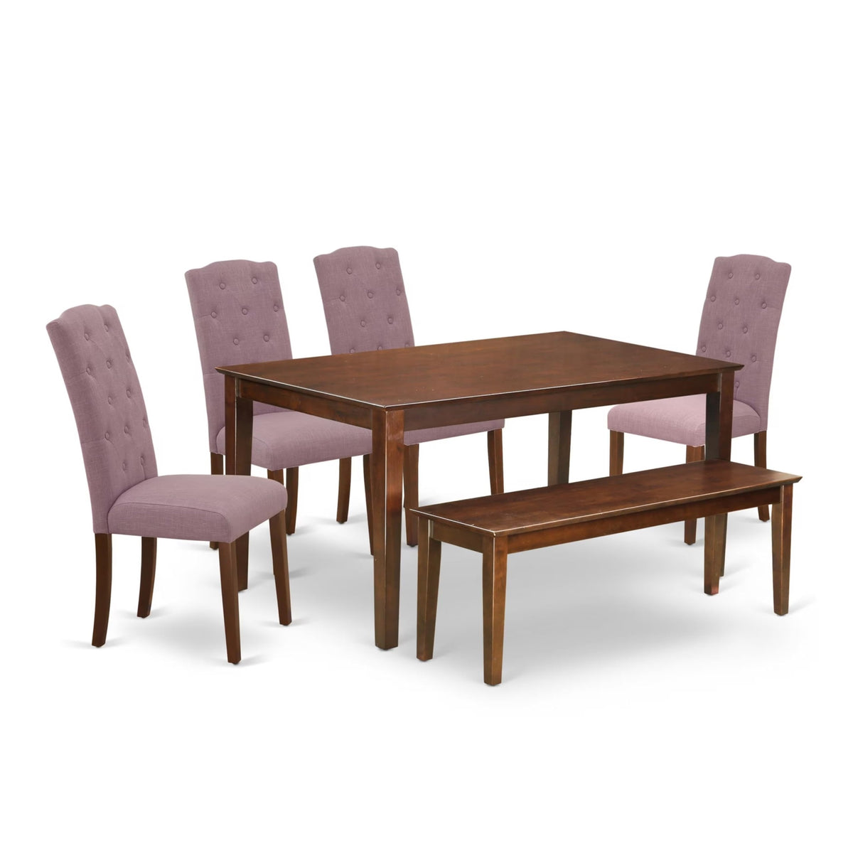Casafoyer Cace6-Mah-10 Capri 6 Piece Dining Room Set Contains A Rectangle Kitchen Table And 4 Dahlia Linen Fabric Parson Chairs With A Bench, 36X60 Inch, Mahogany