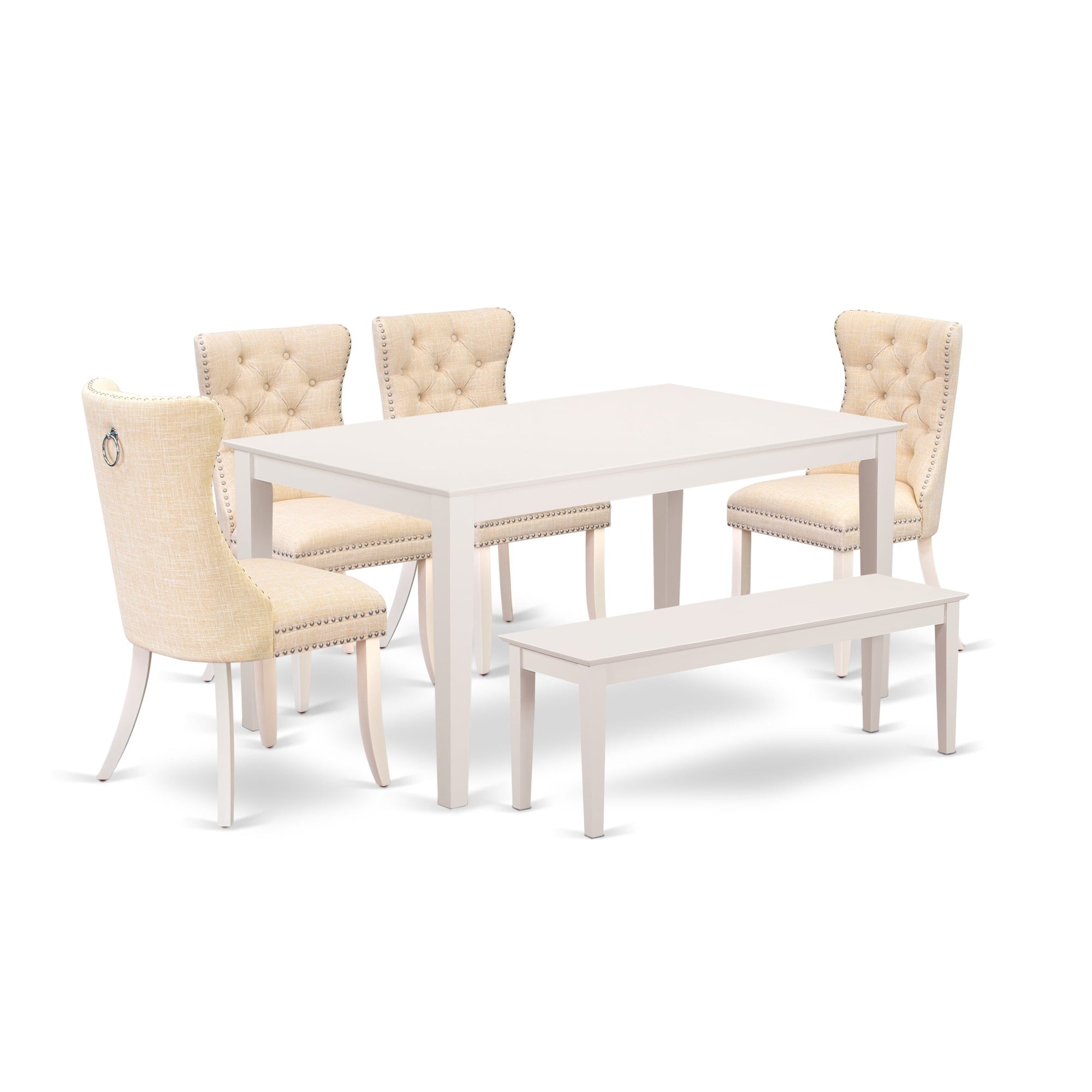 East West Furniture Cada6-Lwh-32 6 Piece Kitchen Table & Chairs Set Includes A Rectangle Dining Table And 4 Padded Chairs With A Bench, 36X60 Inch, Linen White