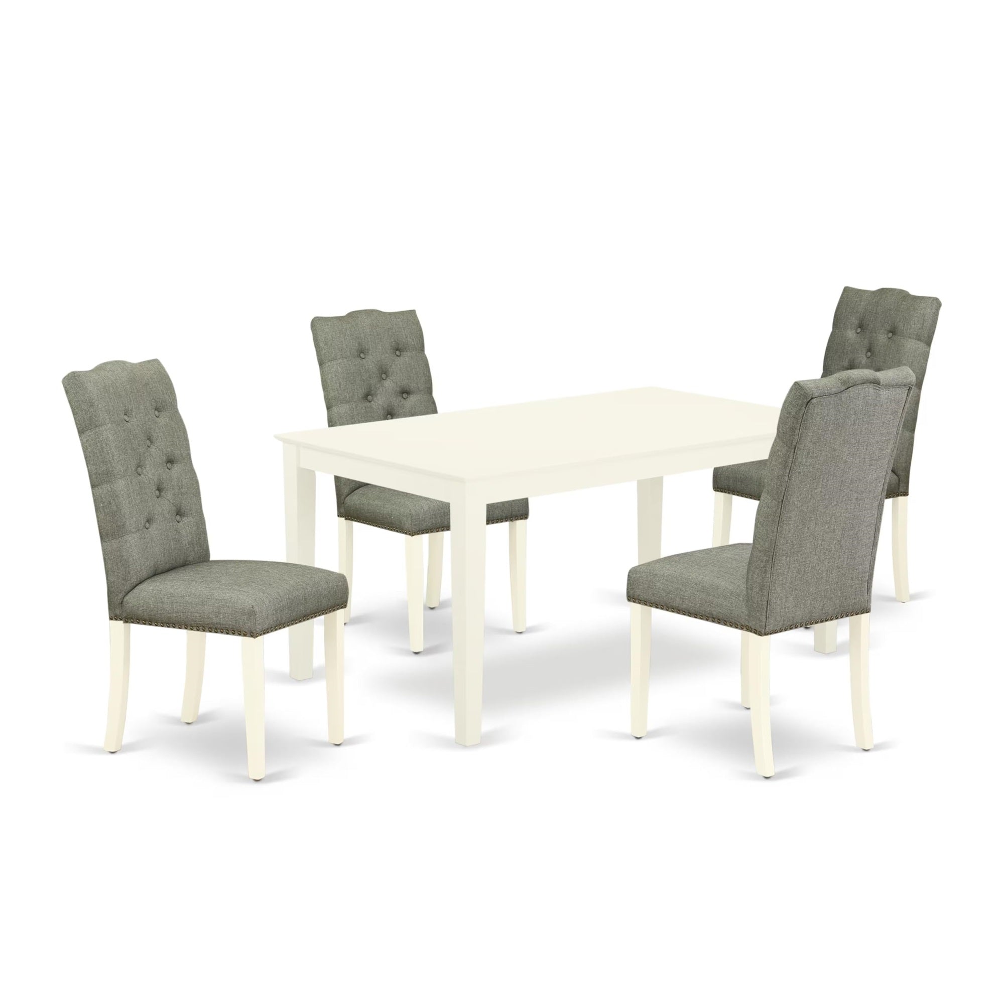 Casafoyer Cael5-Lwh-07 Capri 5 Piece Dining Set For 4 Includes A Rectangle Kitchen Table And 4 Gray Fabric Upholstered Parson Chairs, 36X60 Inch, Linen White