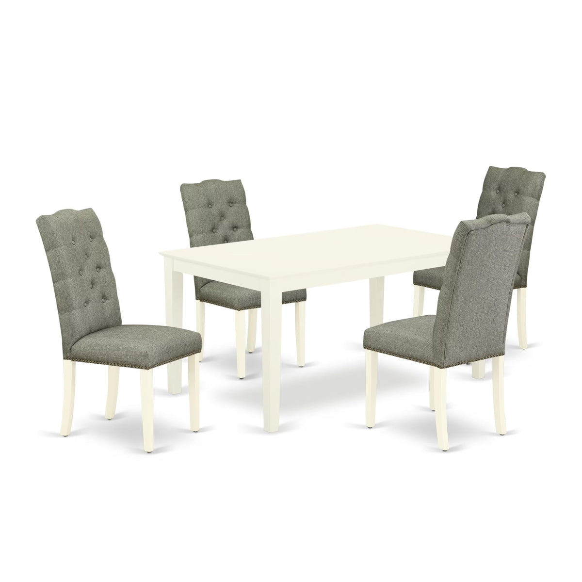 Casafoyer Cael5-Lwh-07 Capri 5 Piece Dining Set For 4 Includes A Rectangle Kitchen Table And 4 Gray Fabric Upholstered Parson Chairs, 36X60 Inch, Linen White