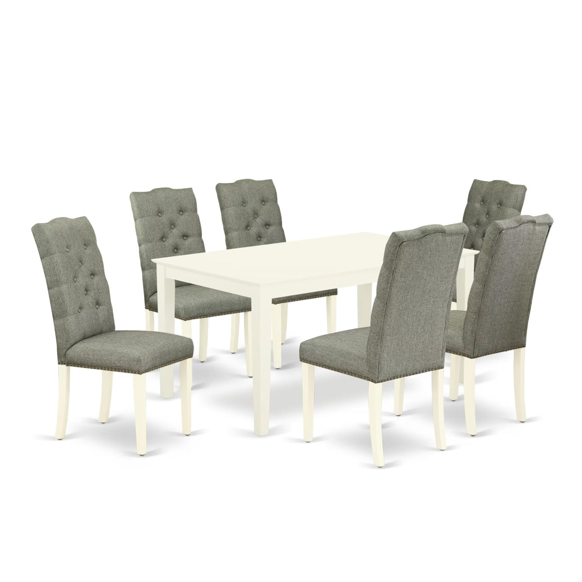 Casafoyer Cael7-Lwh-07 Capri 7 Piece Modern Dining Set Consist Of A Rectangle Wooden Table And 6 Gray Fabric Upholstered Chairs, 36X60 Inch, Linen White