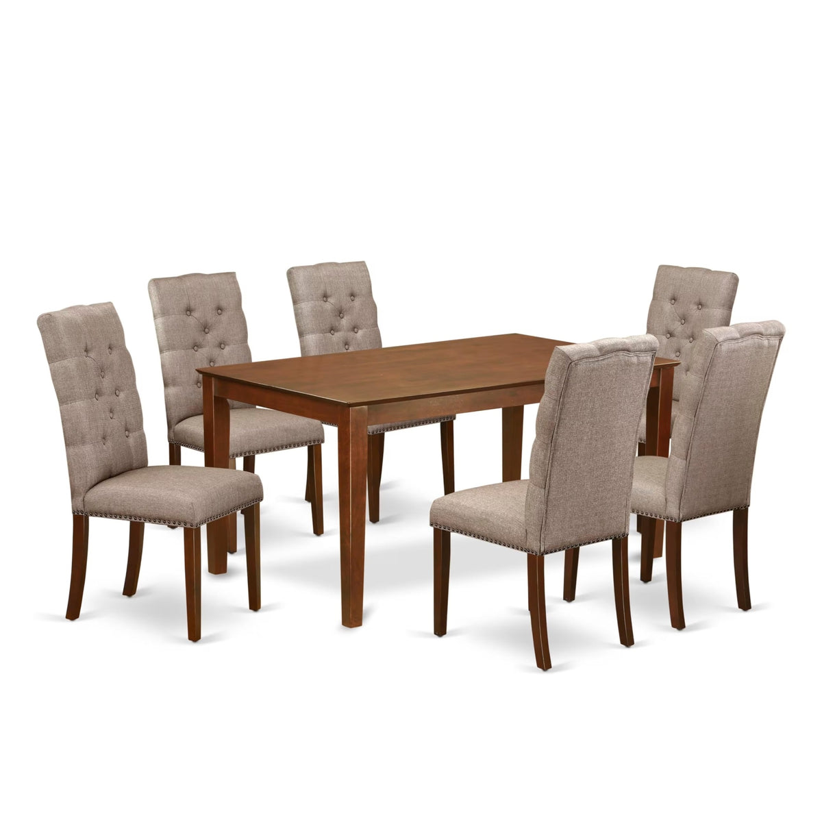 Casafoyer Cael7-Mah-16 Capri 7 Piece Dining Room Set Consist Of A Rectangle Wooden Table And 6 Dark Khaki Linen Fabric Upholstered Parson Chairs, 36X60 Inch, Mahogany