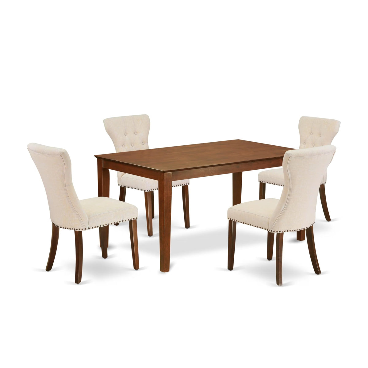 Casafoyer Caga5-Mah-32 Capri 5 Piece Set Includes A Rectangle Dining Room Table And 4 Light Beige Linen Fabric Upholstered Parson Chairs, 36X60 Inch