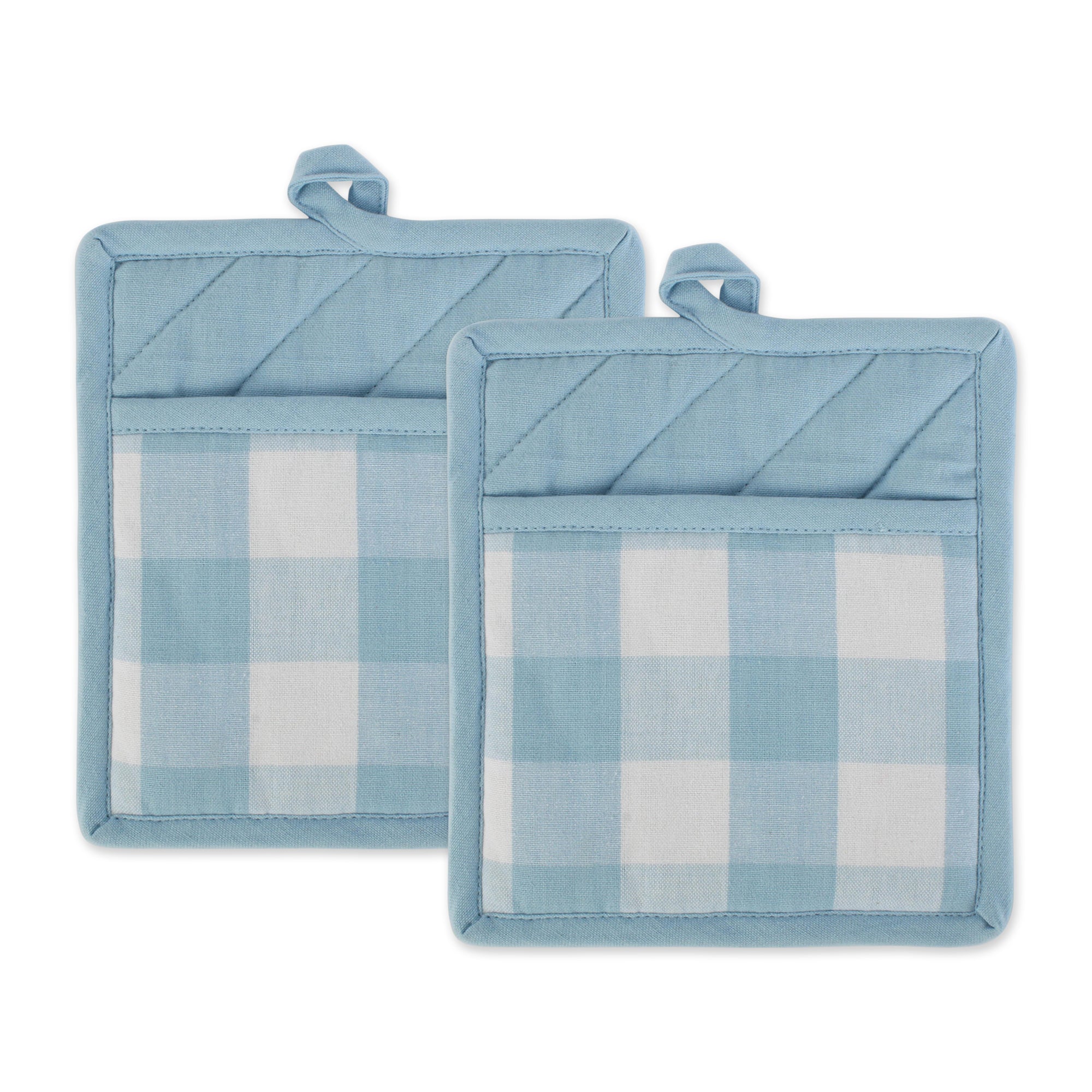 Dii Buffalo Check Ktichen Textiles, 9X8, White & Light Blue, 2 Pieces