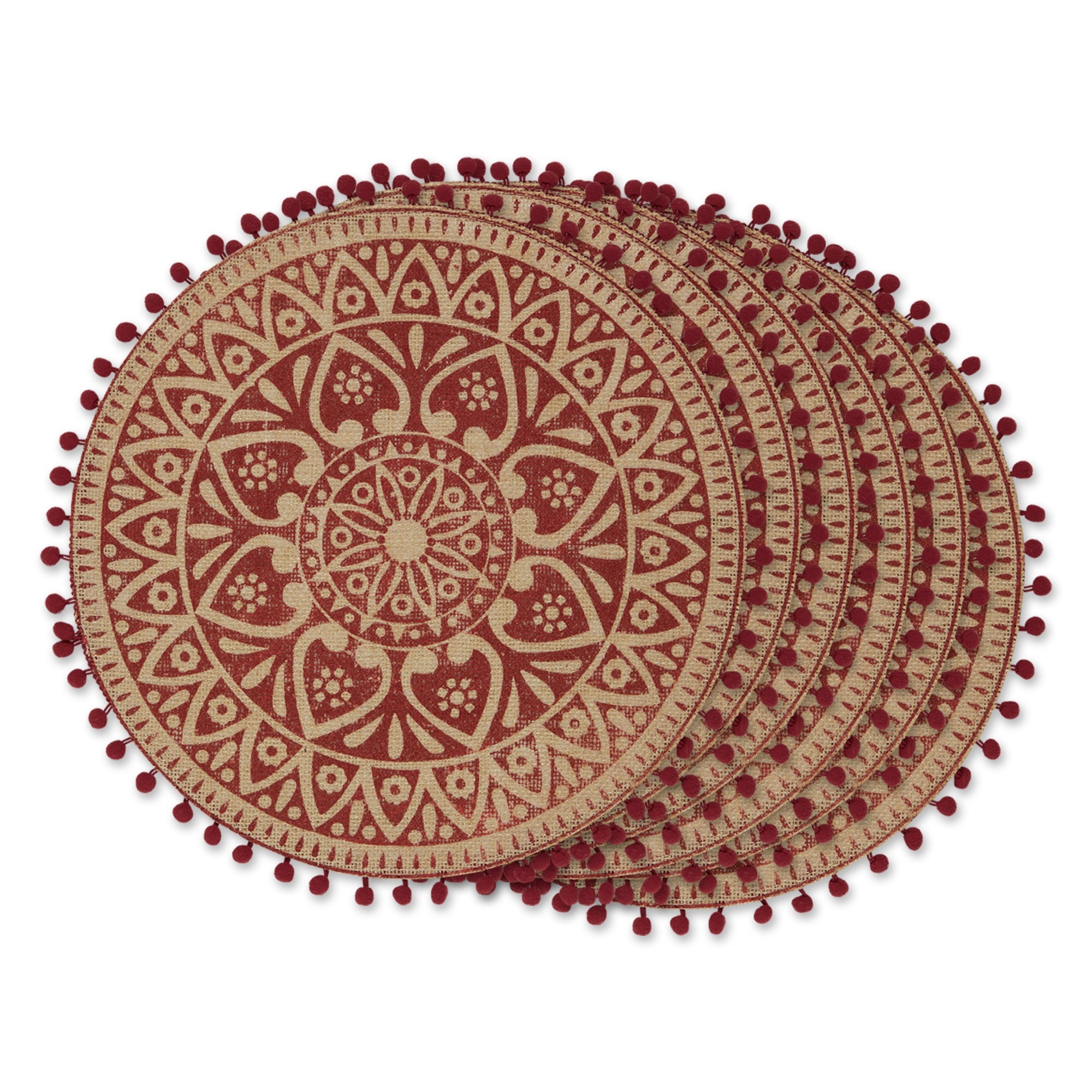 Dii Barn Red Block Print On Natural Round Jute Placemat (Set Of 6)