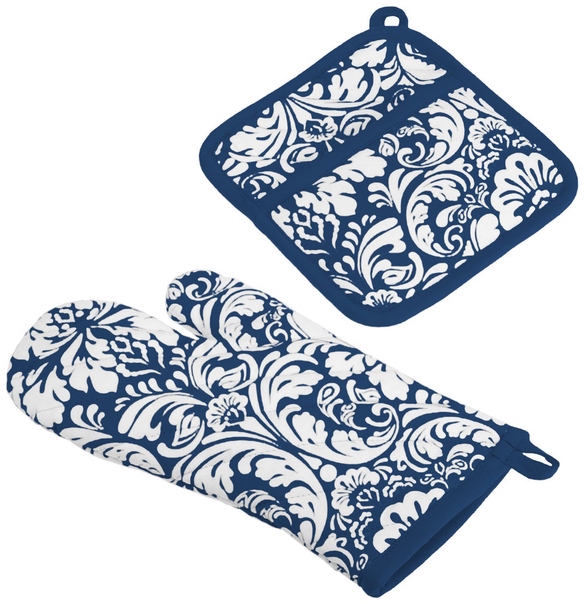 Dii Nautical Blue Damask Oven Mitt & Potholder Set