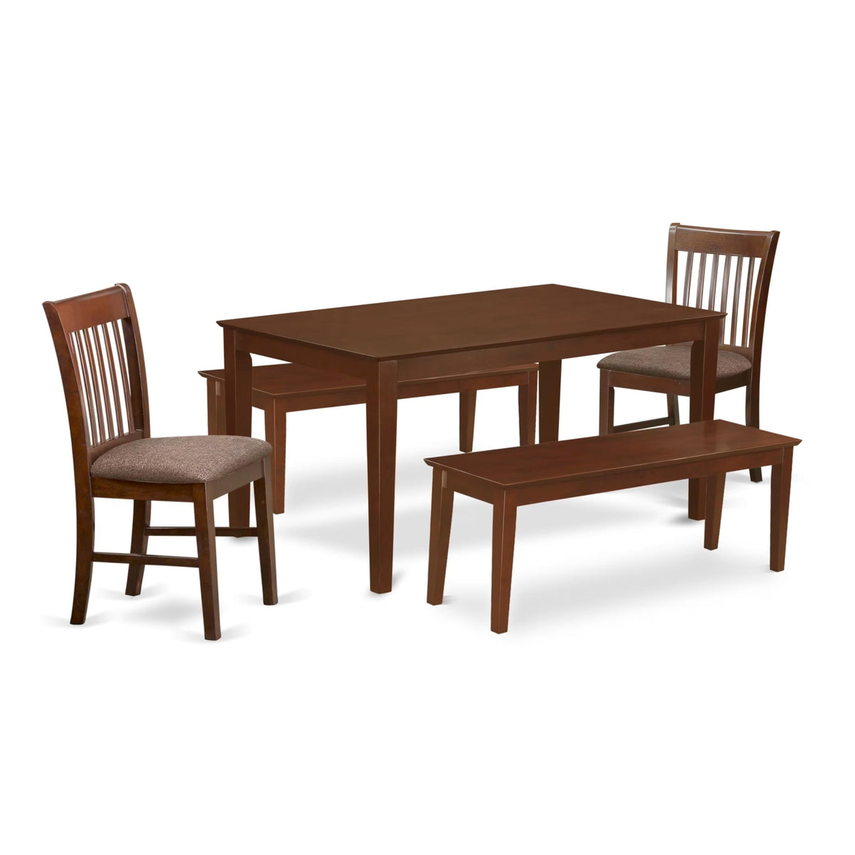 Casafoyer Capri 5 Piece Dining Set Includes A Rectangle Solid Wood Table And 2 Linen Fabric Kitchen Chairs With 2 Benches, 36X60 Inch, Mahogany