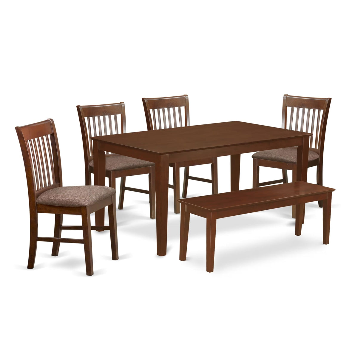Casafoyer Capri 6 Piece Modern Dining Set Contains A Rectangle Wooden Table And 4 Linen Fabric Upholstered Chairs With A Bench, 36X60 Inch, Mahogany
