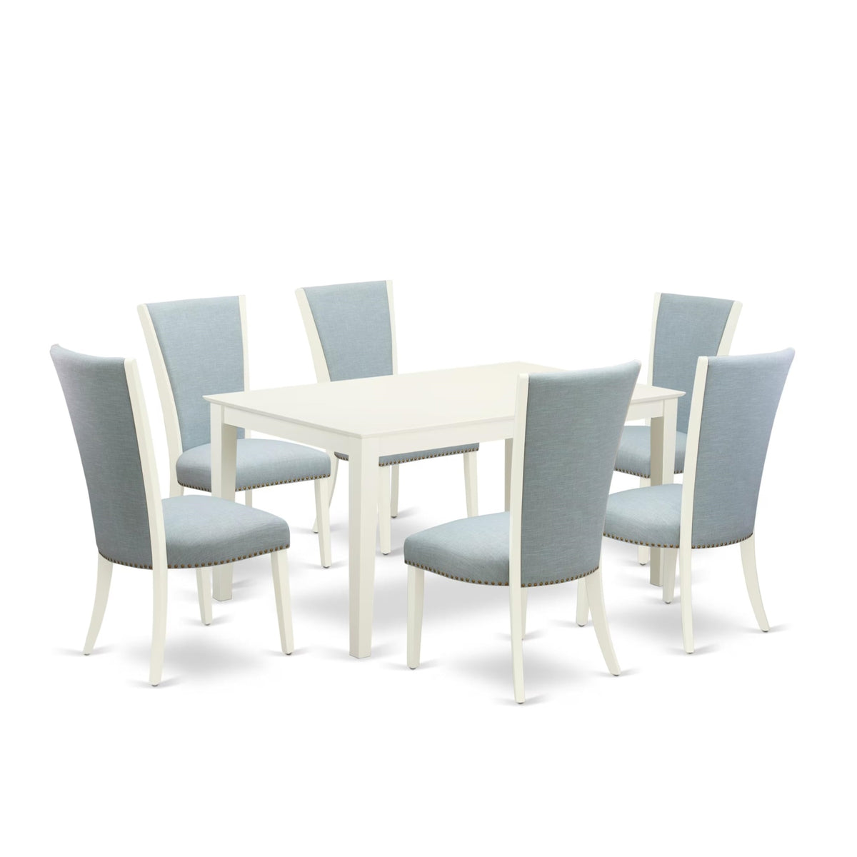 Casafoyer Capri 7 Piece Kitchen Set Consist Of A Rectangle Room Table And 6 Baby Blue Linen Fabric Parsons Dining Chairs, 36X60 Inch, Cave7-Lwh-15