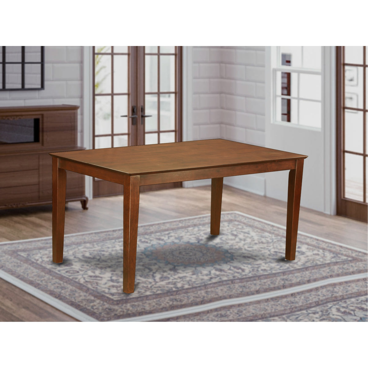 7-Piece Dining Room Table Set With 6 Chairs - Mahogany Finish, Linen Fabric, Modern Design - Adds Charm And Elegance To Any Dining Area
