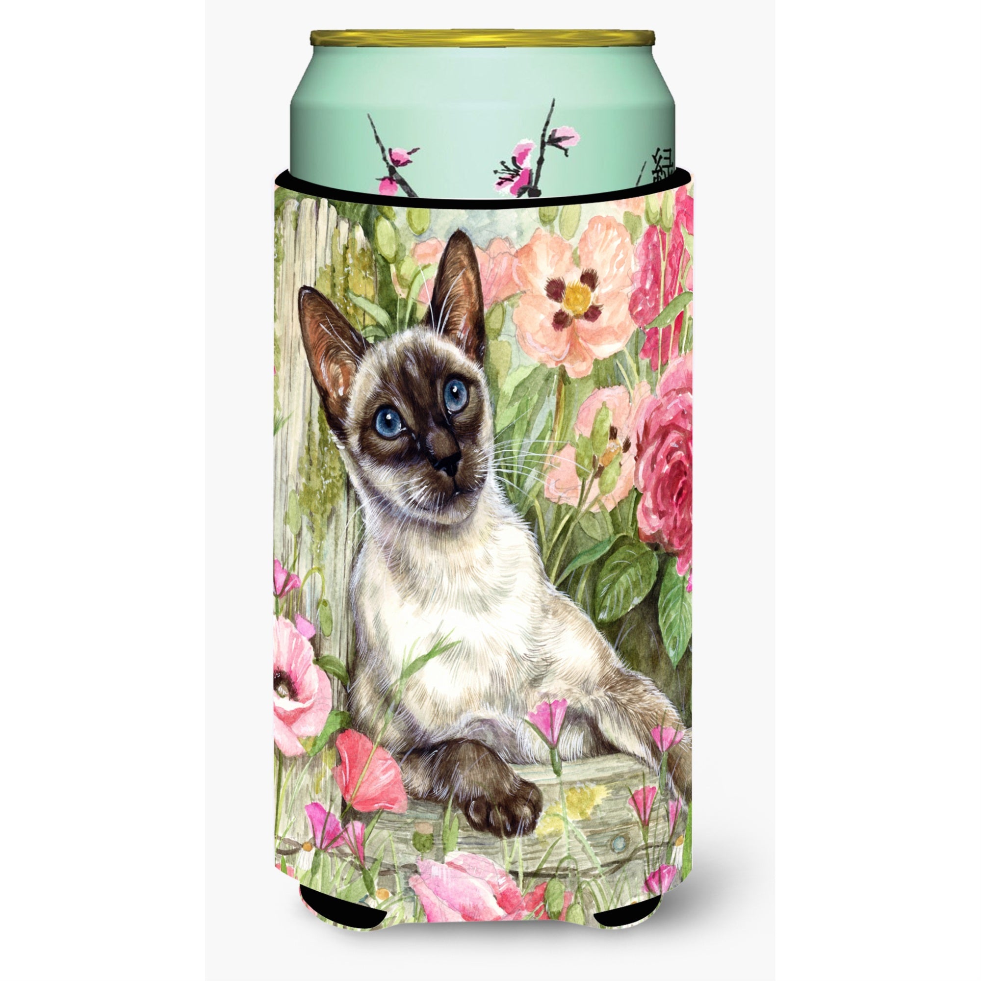 Caroline'S Treasures Siamese Cat In The Roses Tall Boy Koozie Hugger, Multicolor