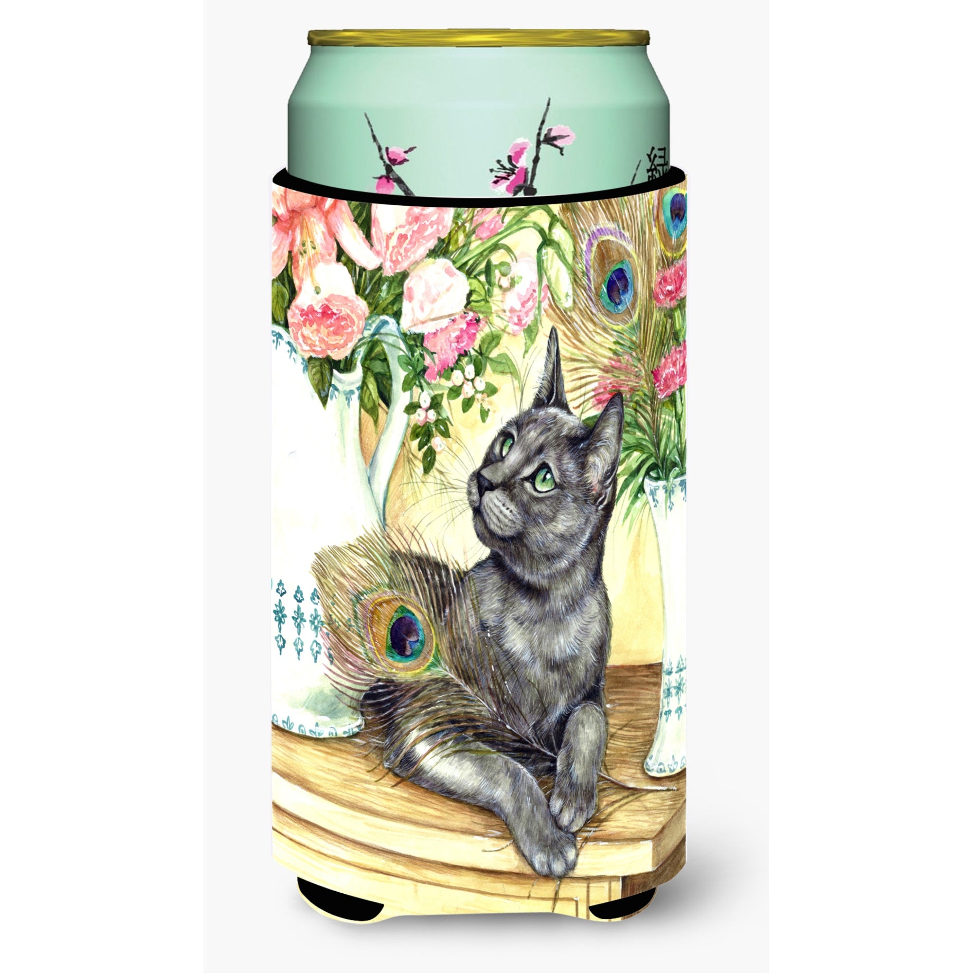 Caroline'S Treasures Cat And Peacock Feathers Tall Boy Koozie Hugger, Multicolor