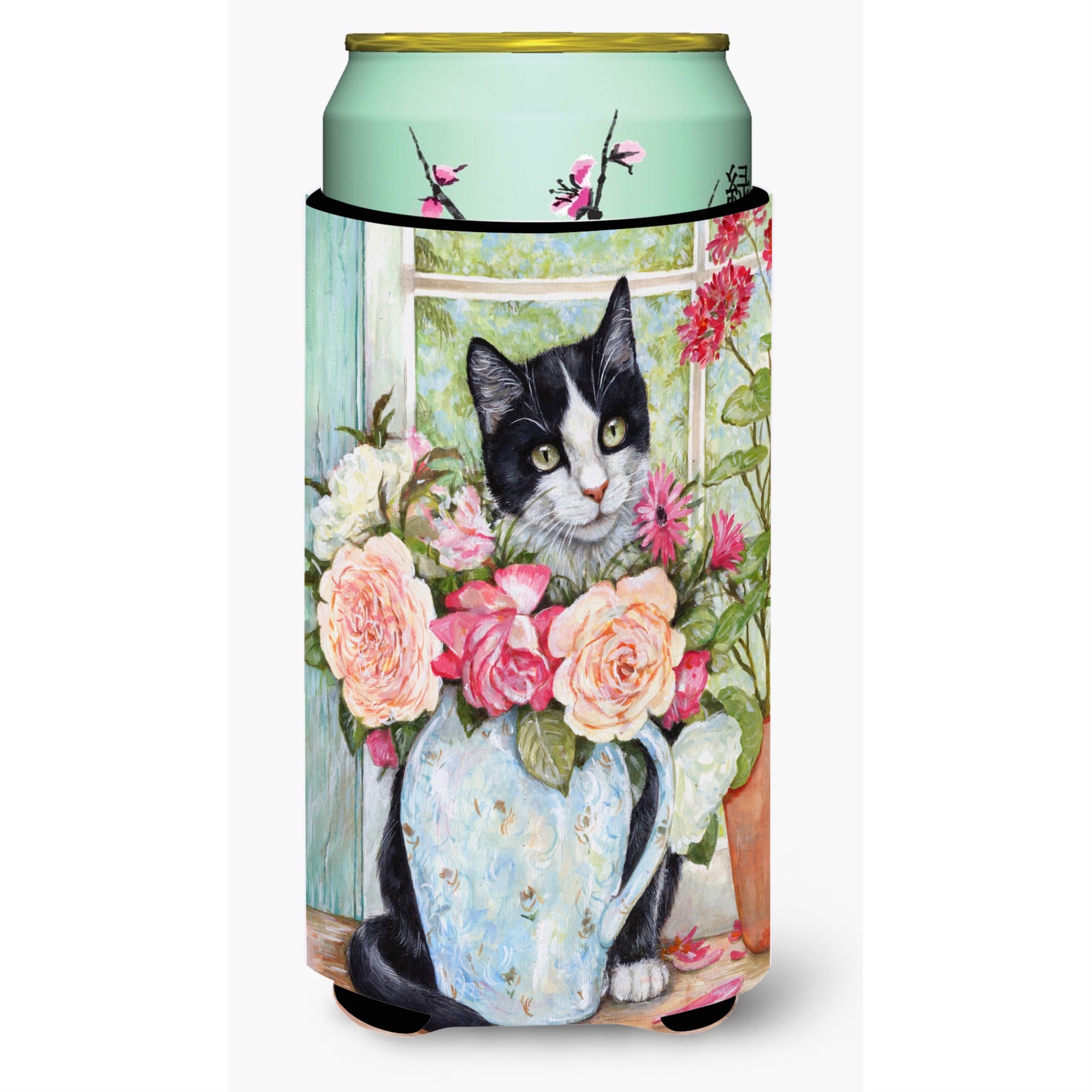 Caroline'S Treasures Black And White Rose Cat Tall Boy Koozie Hugger, Multicolor
