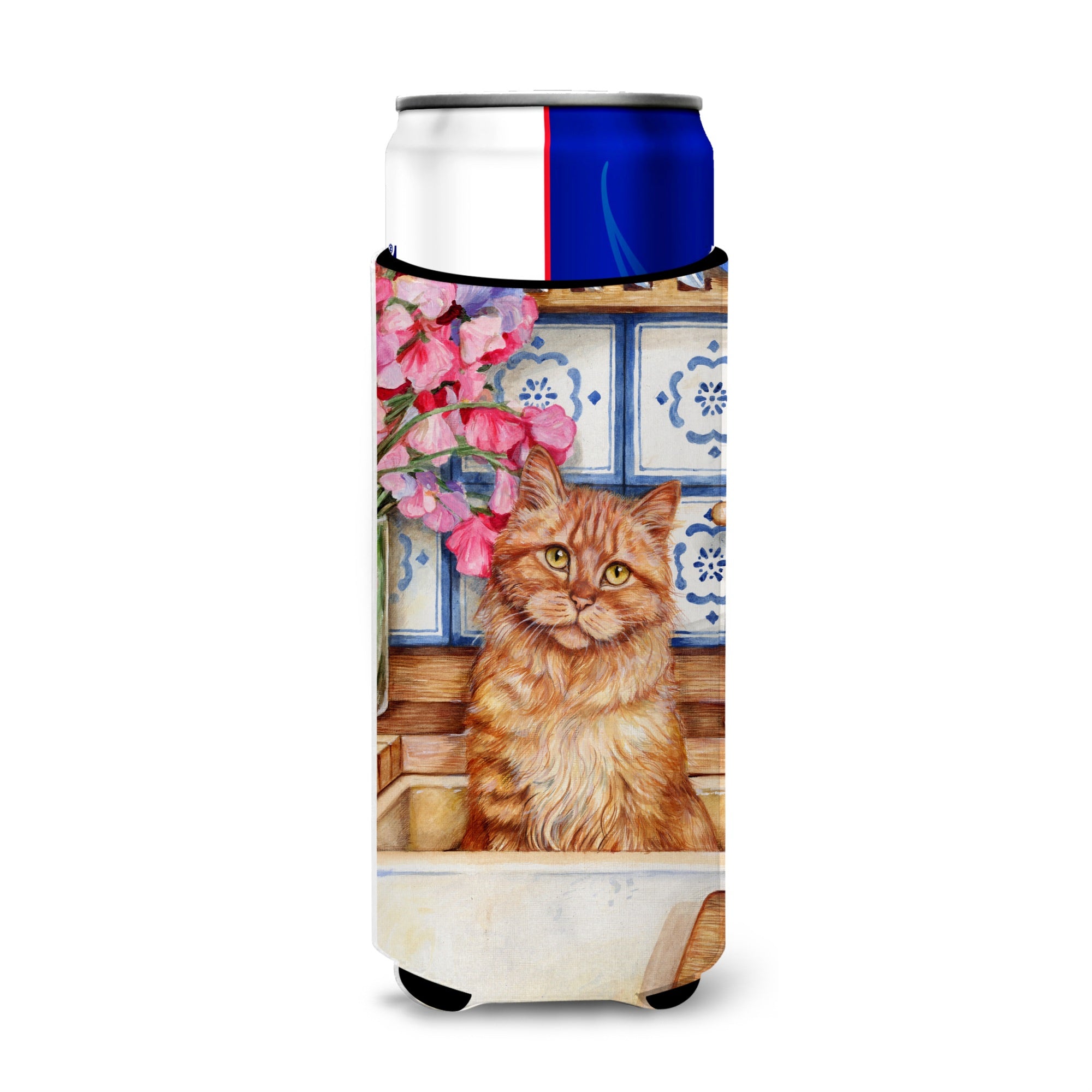 Caroline'S Treasures Cat In Sink By Debbie Cook Michelob Ultra Koozies For Slim Cans, Multicolor