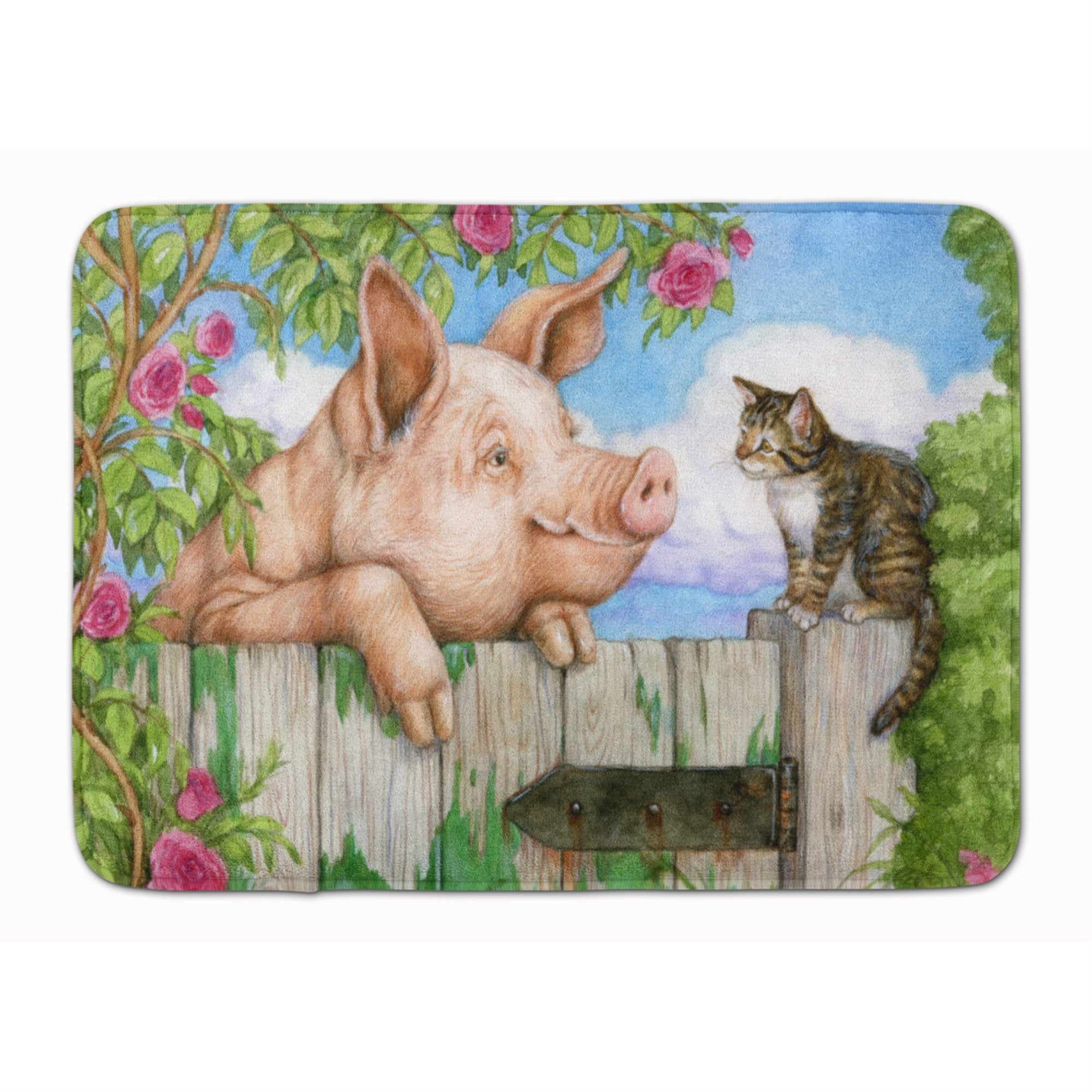 Caroline'S Treasures Pig At The Gate With The Cat Floor Mat, 19 X 27, Multicolor
