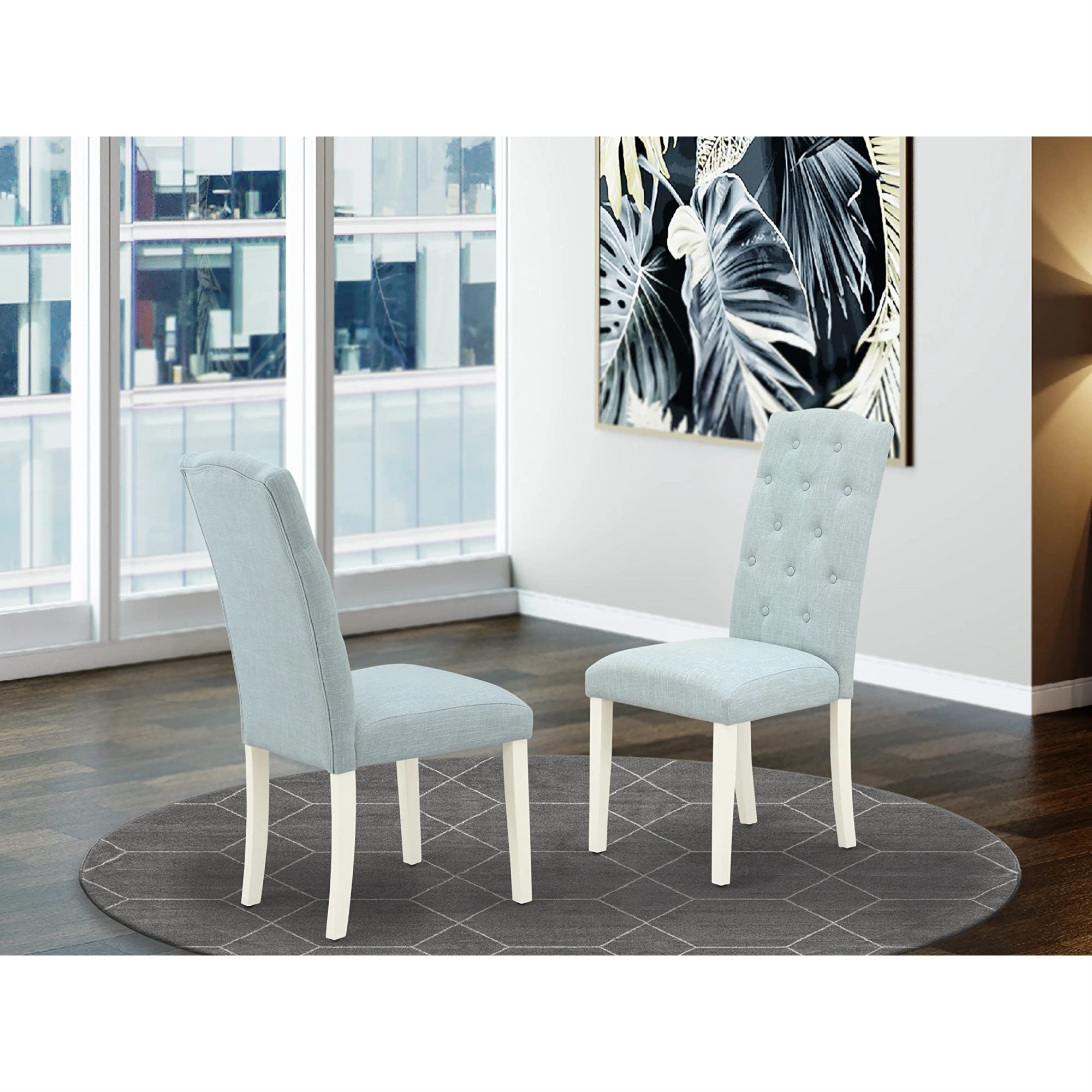 East West Furniture Cep2T15 Celina Parson Chairs - Button Tufted Baby Blue Linen Fabric Upholstered Dining Chairs, Set Of 2, Linen White
