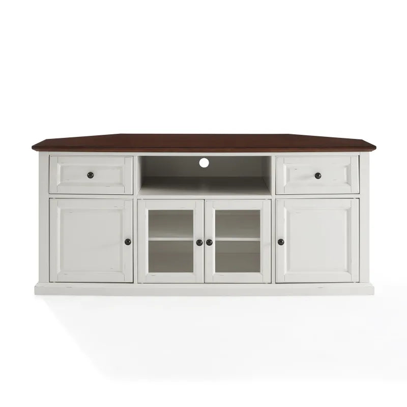 60' Corner Tv Stand With Cabinets, Glass Doors, Cable Management - Fits Up To 65' Flat-Panel Tvs - White