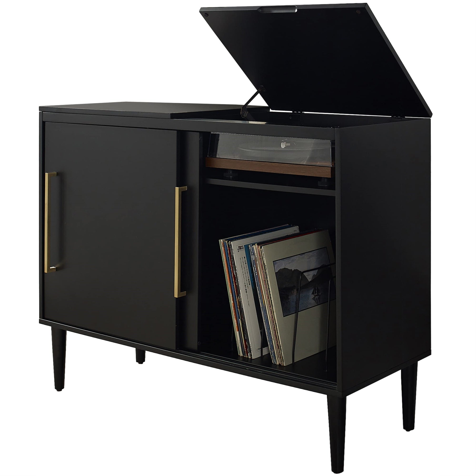 Casafoyer Furniture Everett Media Console And Record Player Stand With Storage For Vinyl Records, Matte Black