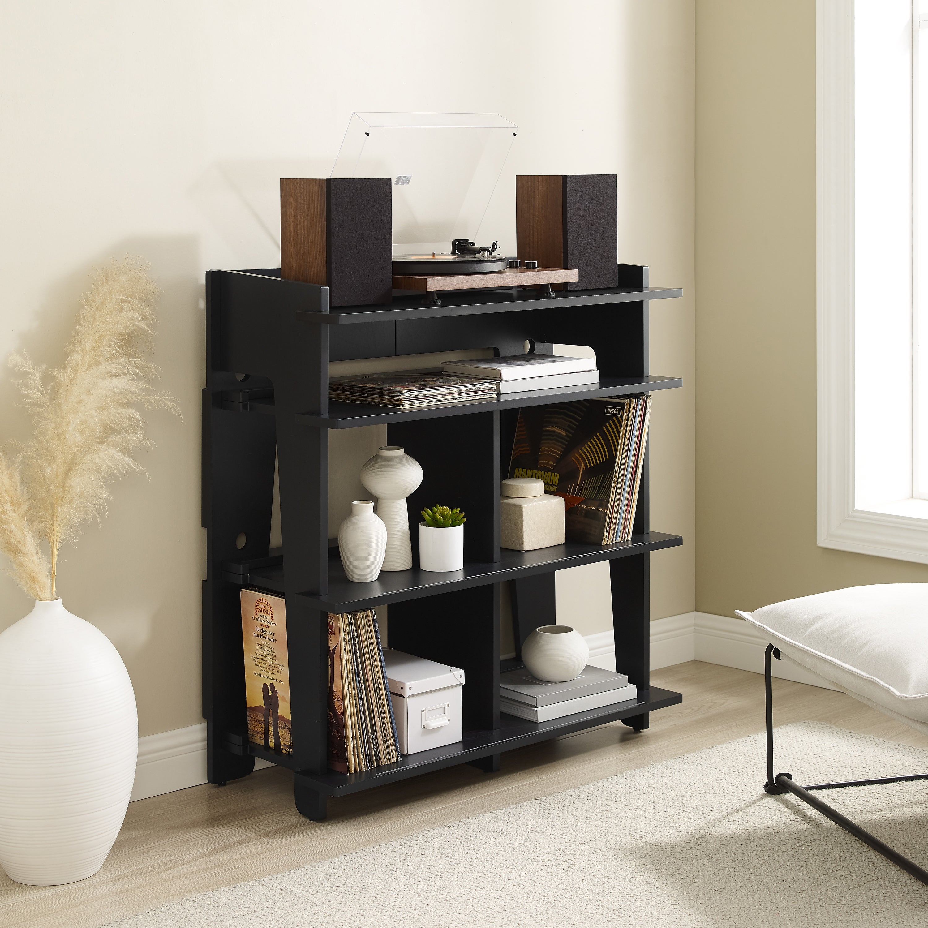 Ergode Soho Record Storage Console - Turntable Stand With Cable Management, 4 Shelves For 400 Records, Stylish Design For Audiophiles