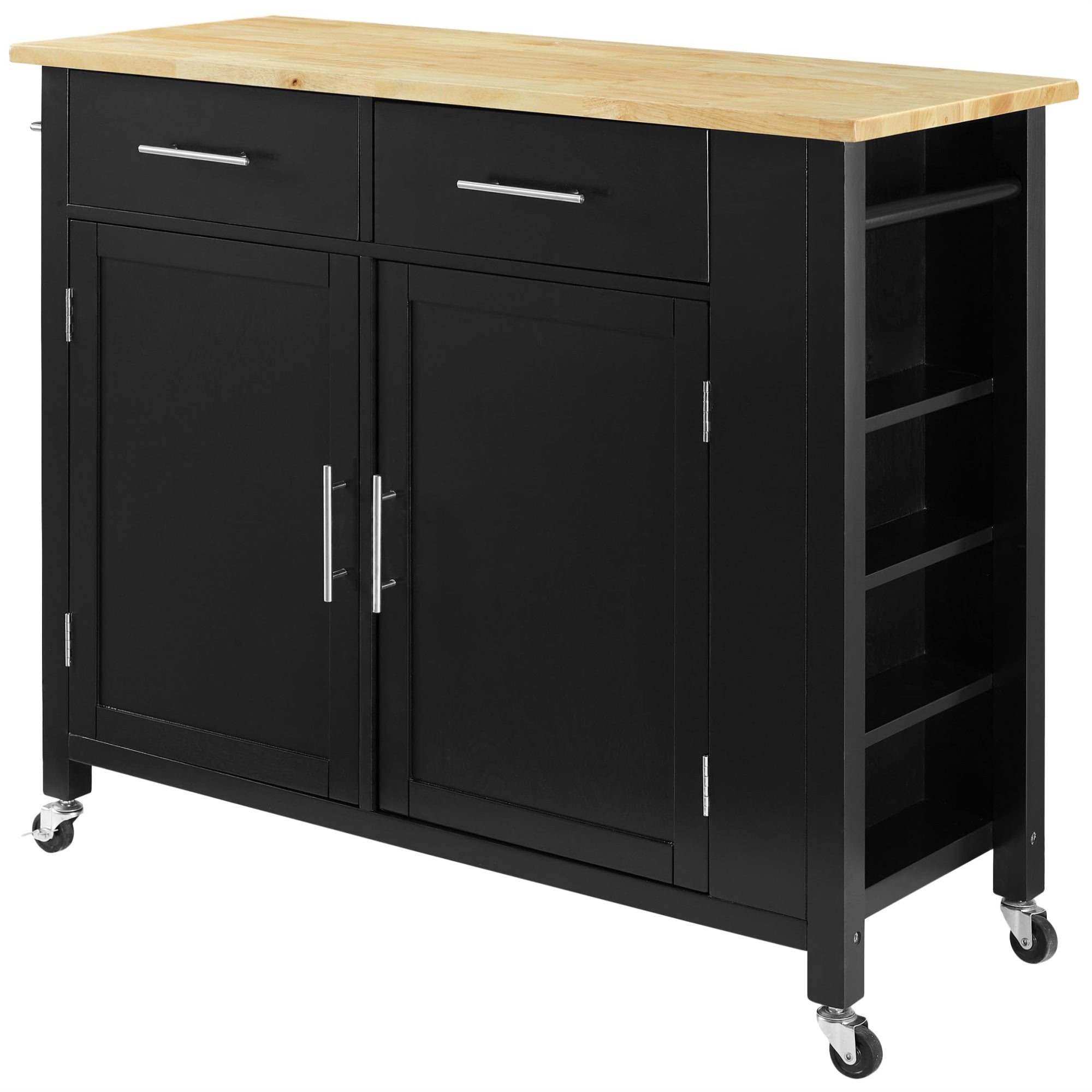 Casafoyer Furniture Savannah Wood Top Rolling Kitchen Island Cart, Microwave Stand, With Shelves And Drawers, Black