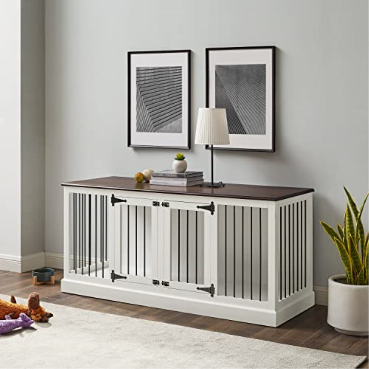 Winslow Medium Credenza Pet Crate - Stylish & Secure White/Dark Brown Wood Console For Small To Medium-Sized Crate-Trained Pets